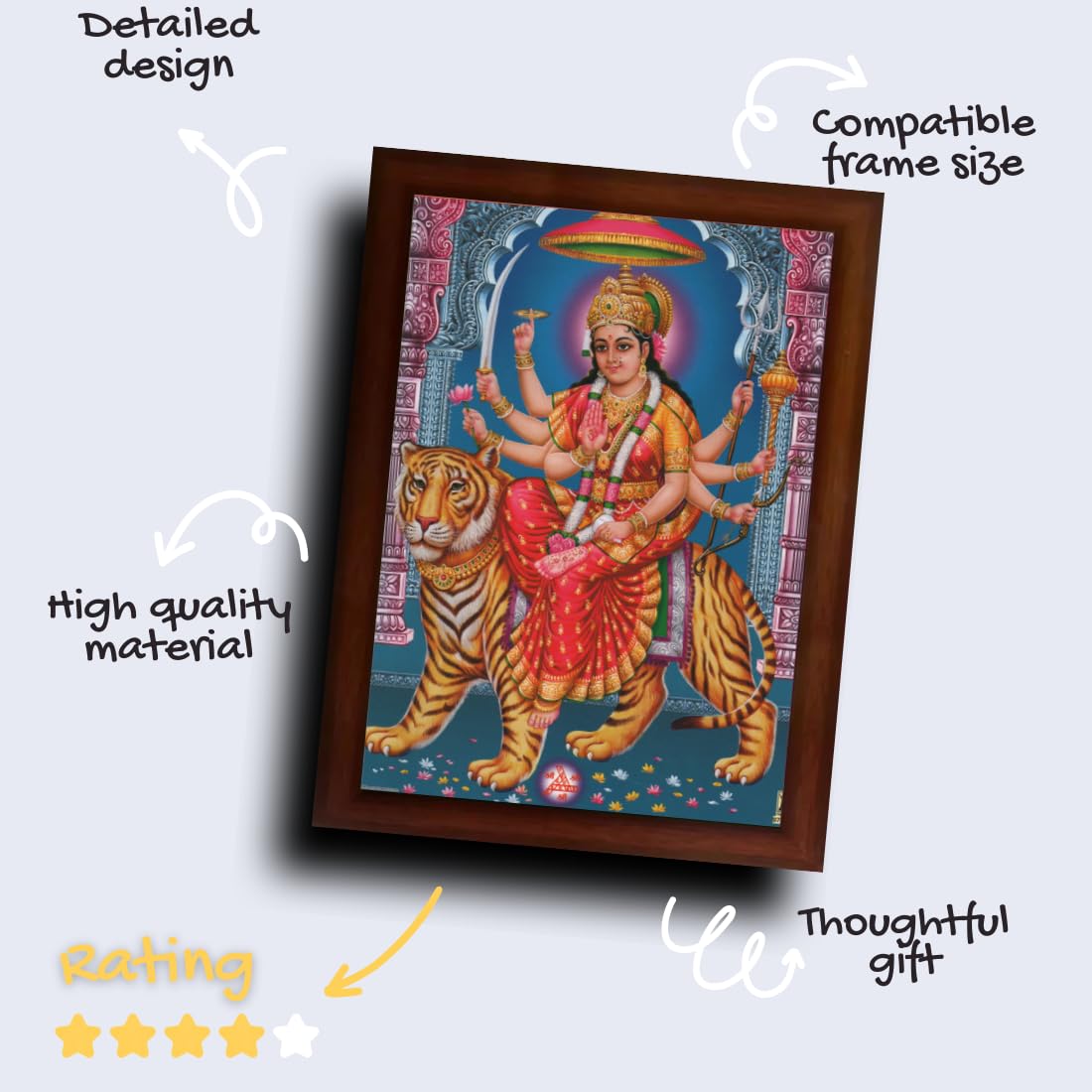 Craft Quest Durga mata photo with brown frame, God Religious Framed Painting (Large Size 14 X 10 Inches. Multicolour)