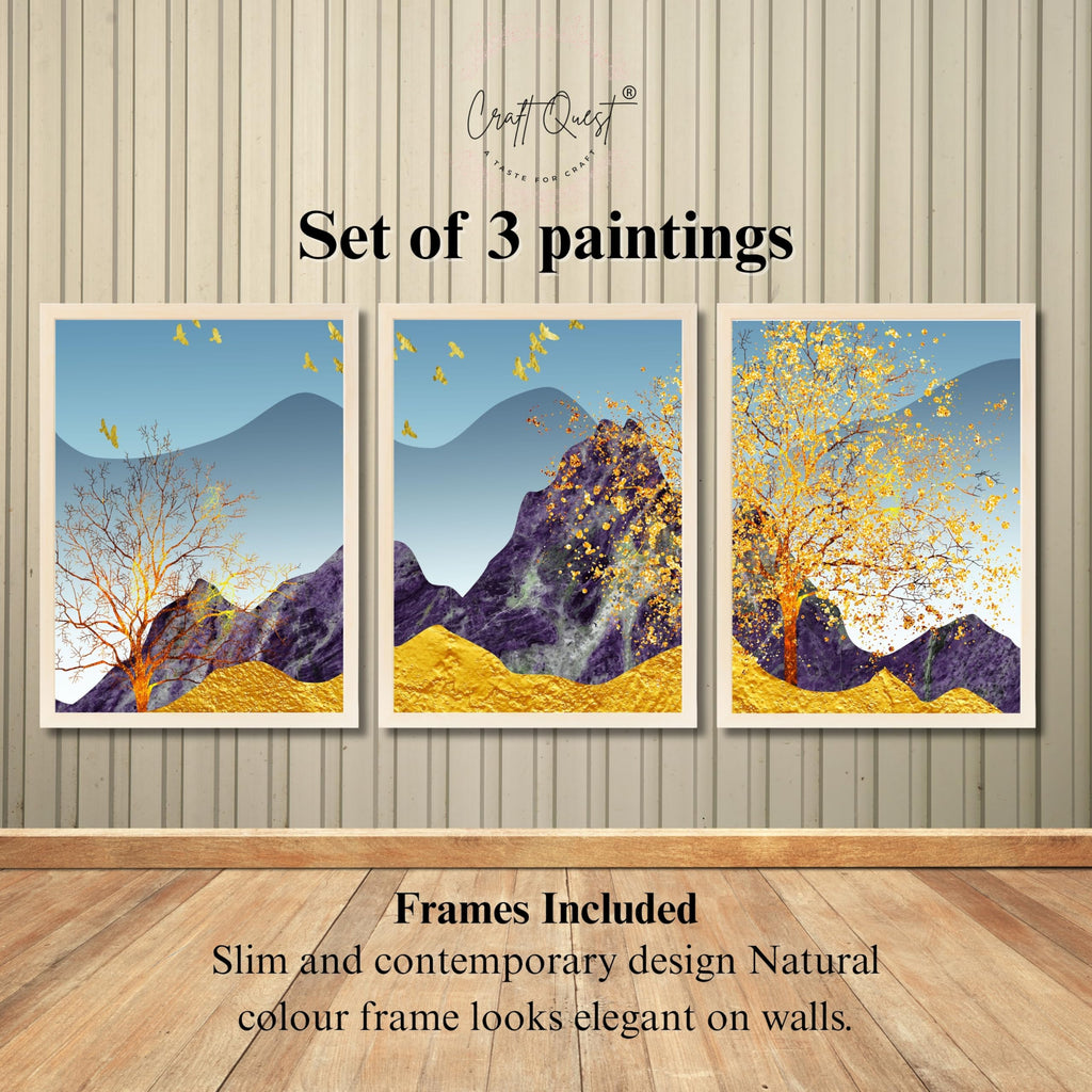 CRAFT QUEST Modern Art Abstract Porch Golden Trees Wall Art | Set of 3 Frames for Home Decoration | Ideal for Living Room, Bedroom & Offices