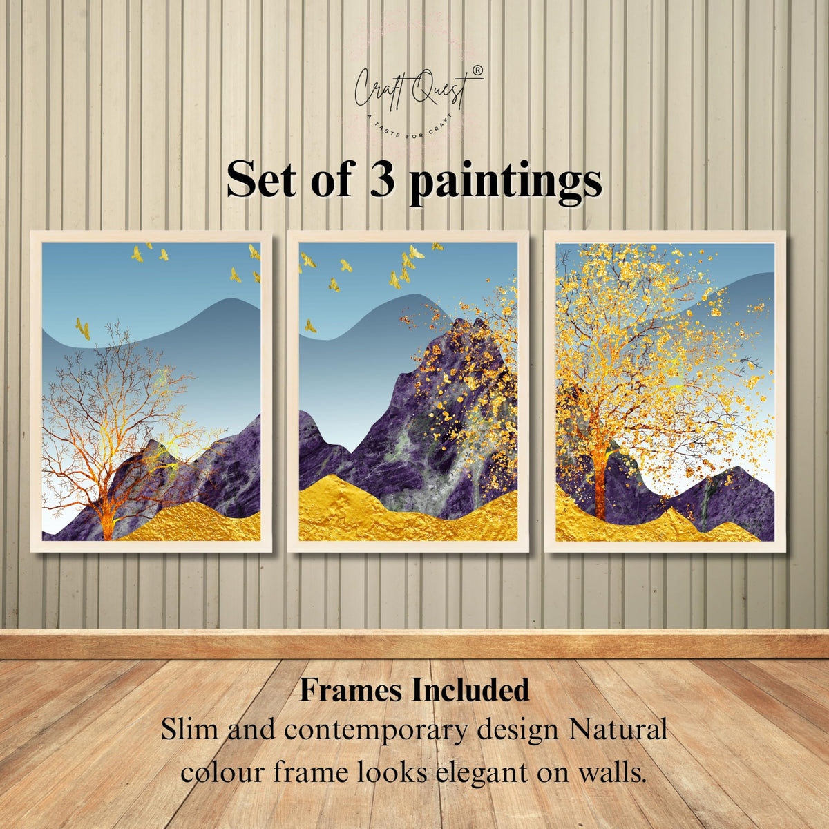 CRAFT QUEST Modern Art Abstract Porch Golden Trees Wall Art | Set of 3 Frames for Home Decoration | Ideal for Living Room, Bedroom & Offices