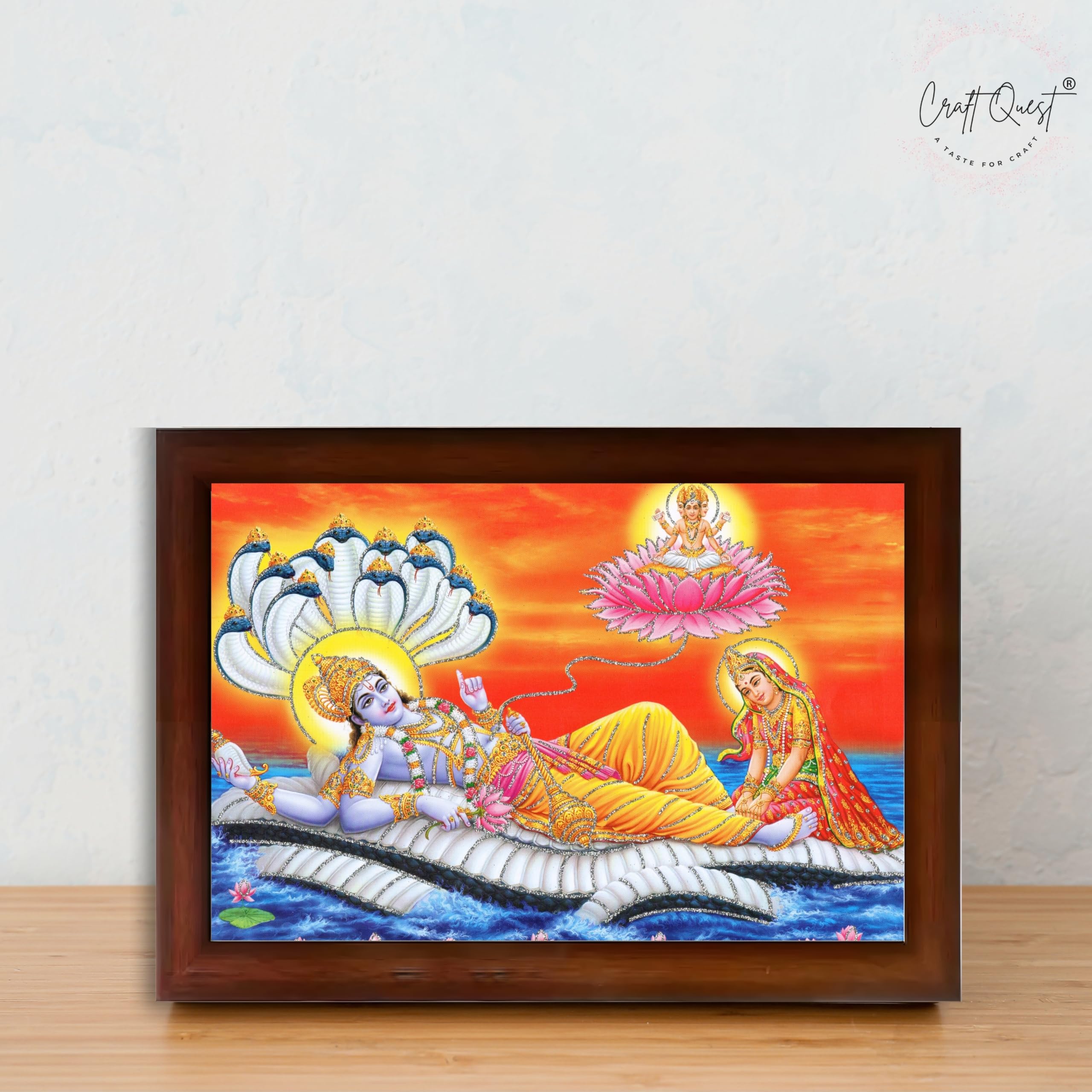 CRAFT QUEST Lord Vishnu and Goddess Lakshmi Giving Blessing on Shesh naag, landscape Glitter Work Painting Synthetic Wood Frame