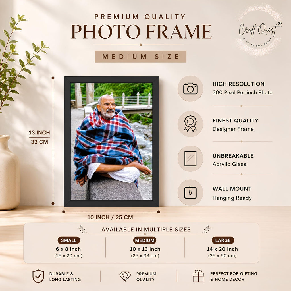CRAFT QUEST Neem Karoli Baba Maharaj Ji Smiling Portrait Photo Frame for Wall | Spiritual Guru Religious Wall Art | Devotional Photo for Home, Mandir, Puja Room & Gifting