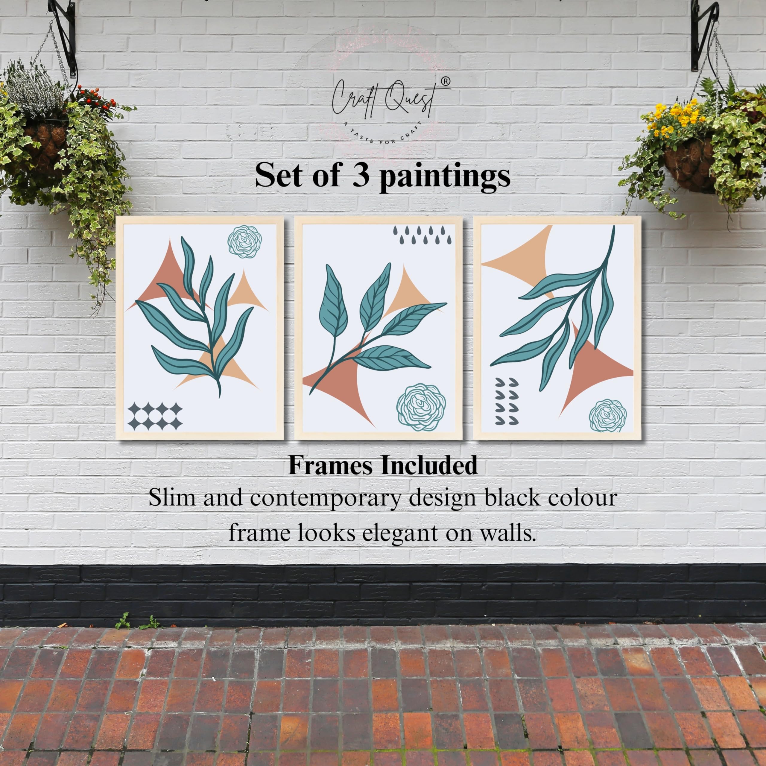 CRAFT QUEST Nature Inspired Botanical Wall Art Abstract Leaves Wall Art | Set of 3 Frames for Home Decoration | Ideal for Living Room, Bedroom & Office