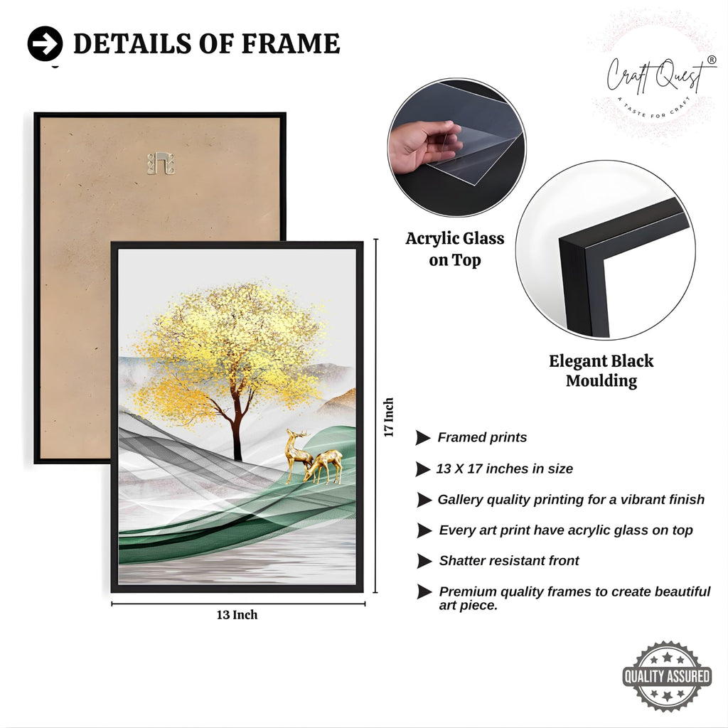 CRAFT QUEST Modern Art Landscapes Abstract Of Moose Golden Mural Wall Art | Set of 3 Frames for Home Decoration | Ideal for Living Room, Bedroom & Offices