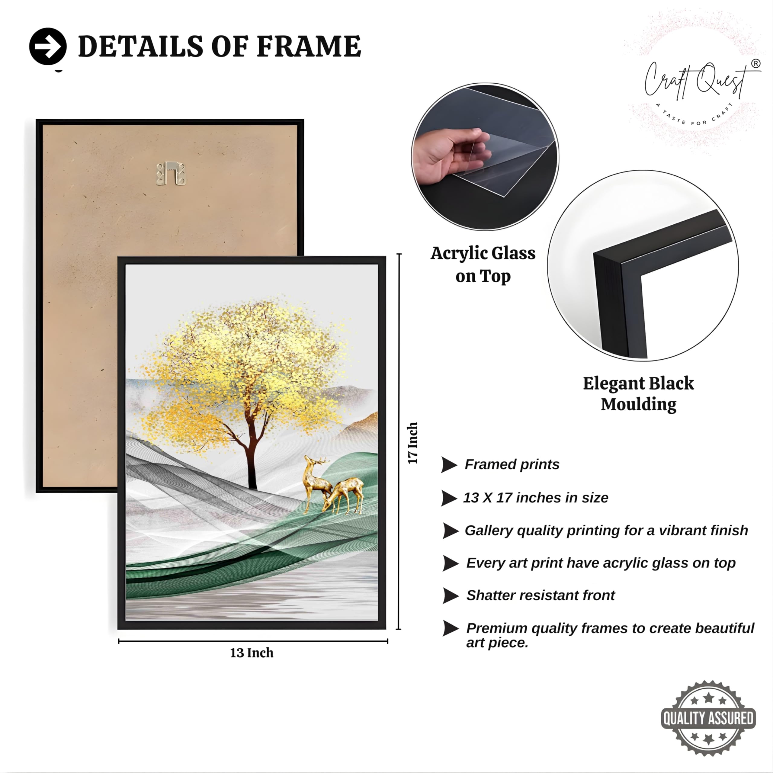 CRAFT QUEST Modern Art Landscapes Abstract Of Moose Golden Mural Wall Art | Set of 3 Frames for Home Decoration | Ideal for Living Room, Bedroom & Offices