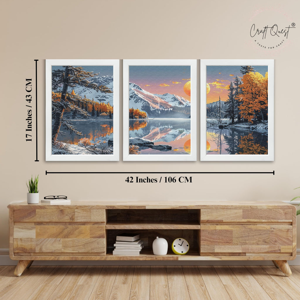 CRAFT QUEST Modern Art Paintings With Lake & Mountains Wall Art | Set of 3 Frames for Home Decoration | Ideal for Living Room, Bedroom & Offices
