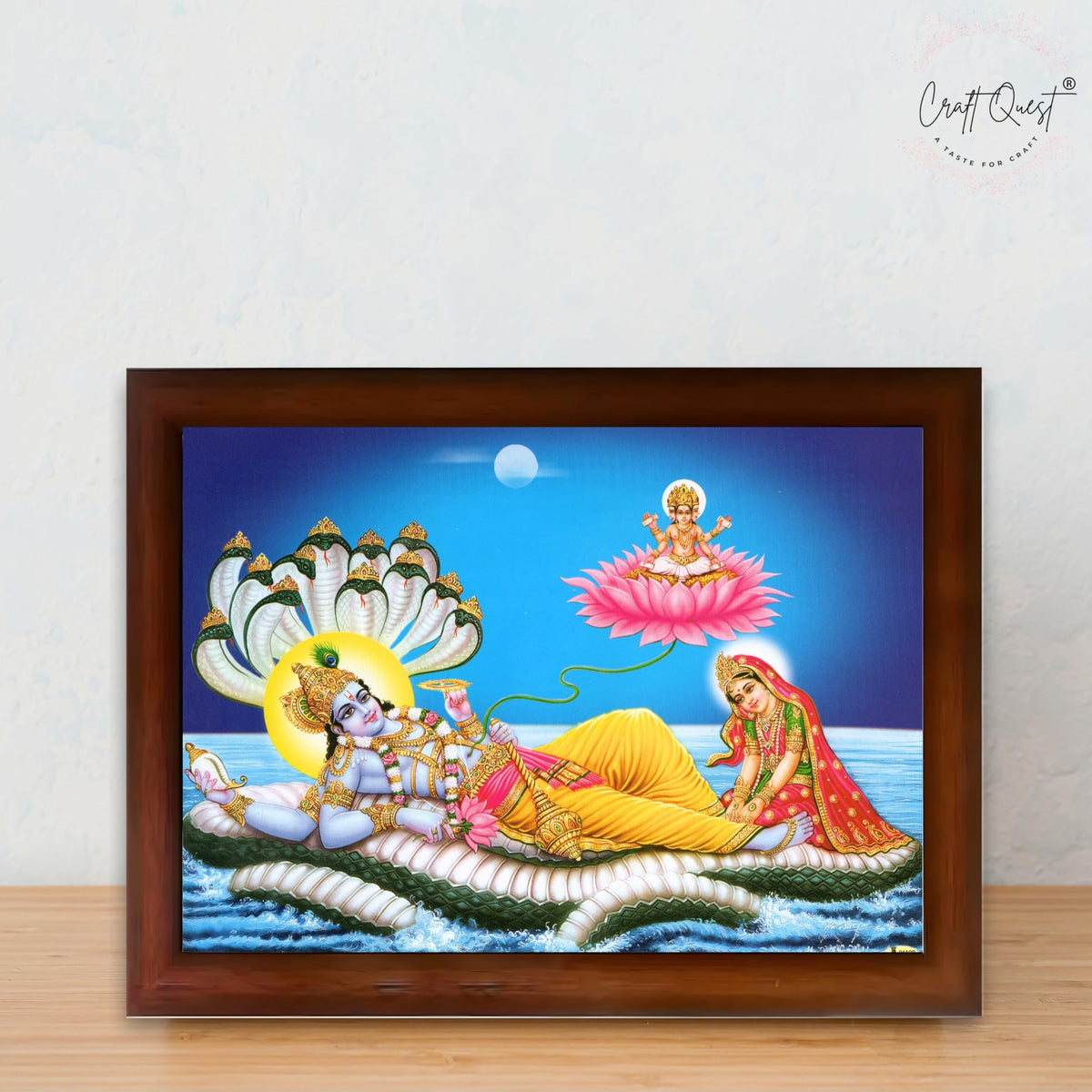 CRAFT QUEST Lord Vishnu and Goddess Lakshmi Giving Blessing on Shesh naag, landscape Glitter Painting with Golden Synthetic Frame
