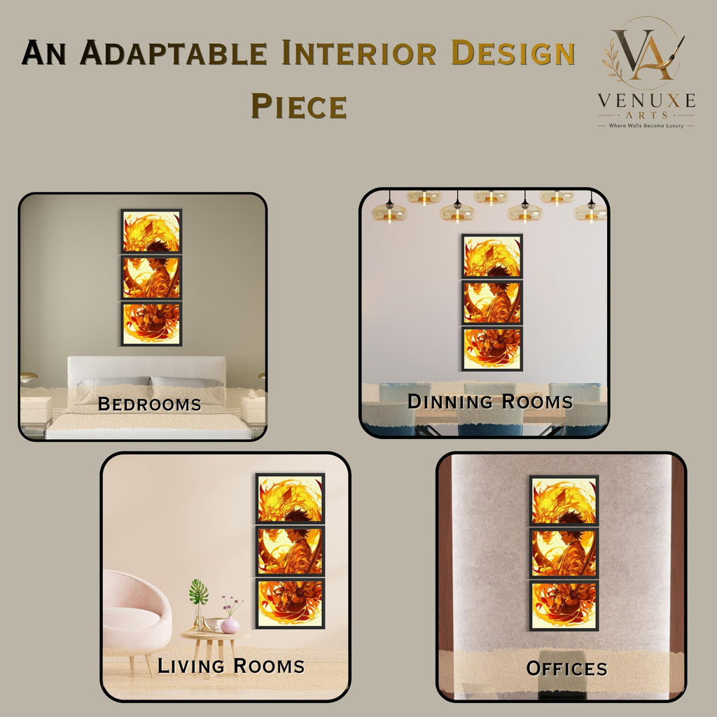 VENUXE ARTS Set Of 3 Anime Characters Wall Framed |Anime Characters Framed Poster for Living Room Bedroom Gaming Room Studio Wall Decor