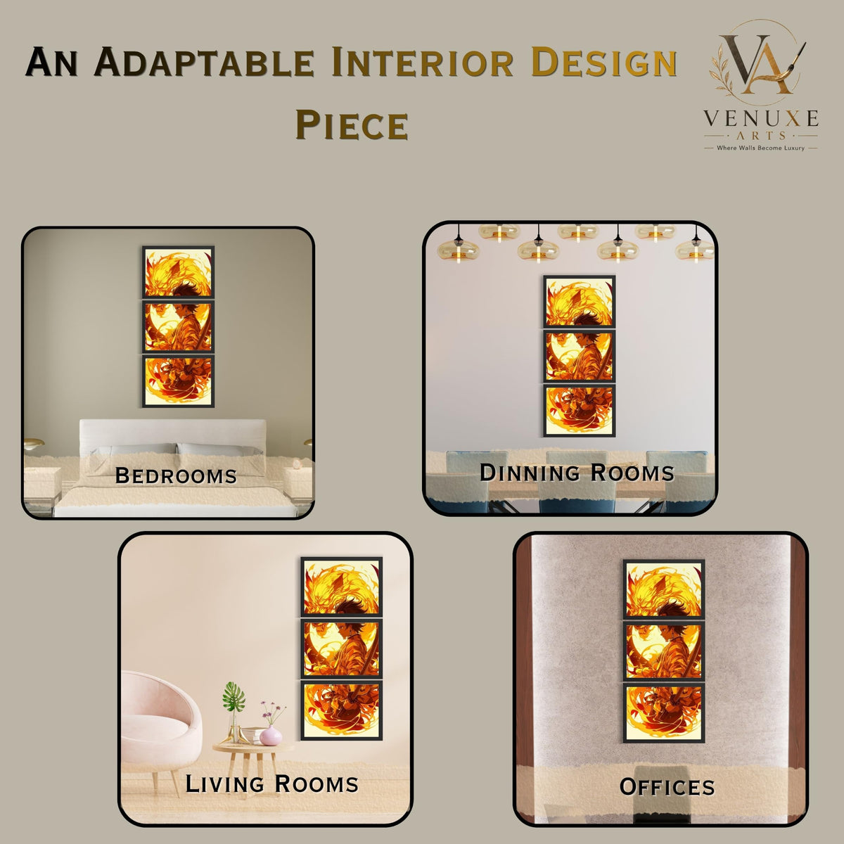 VENUXE ARTS Set Of 3 Anime Characters Wall Framed |Anime Characters Framed Poster for Living Room Bedroom Gaming Room Studio Wall Decor