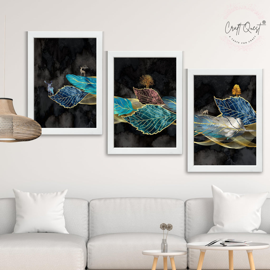 CRAFT QUEST Modern Art Blue,Turquoise & Red Leaves Wall Art | Set of 3 Frames for Home Decoration | Ideal for Living Room, Bedroom & Offices