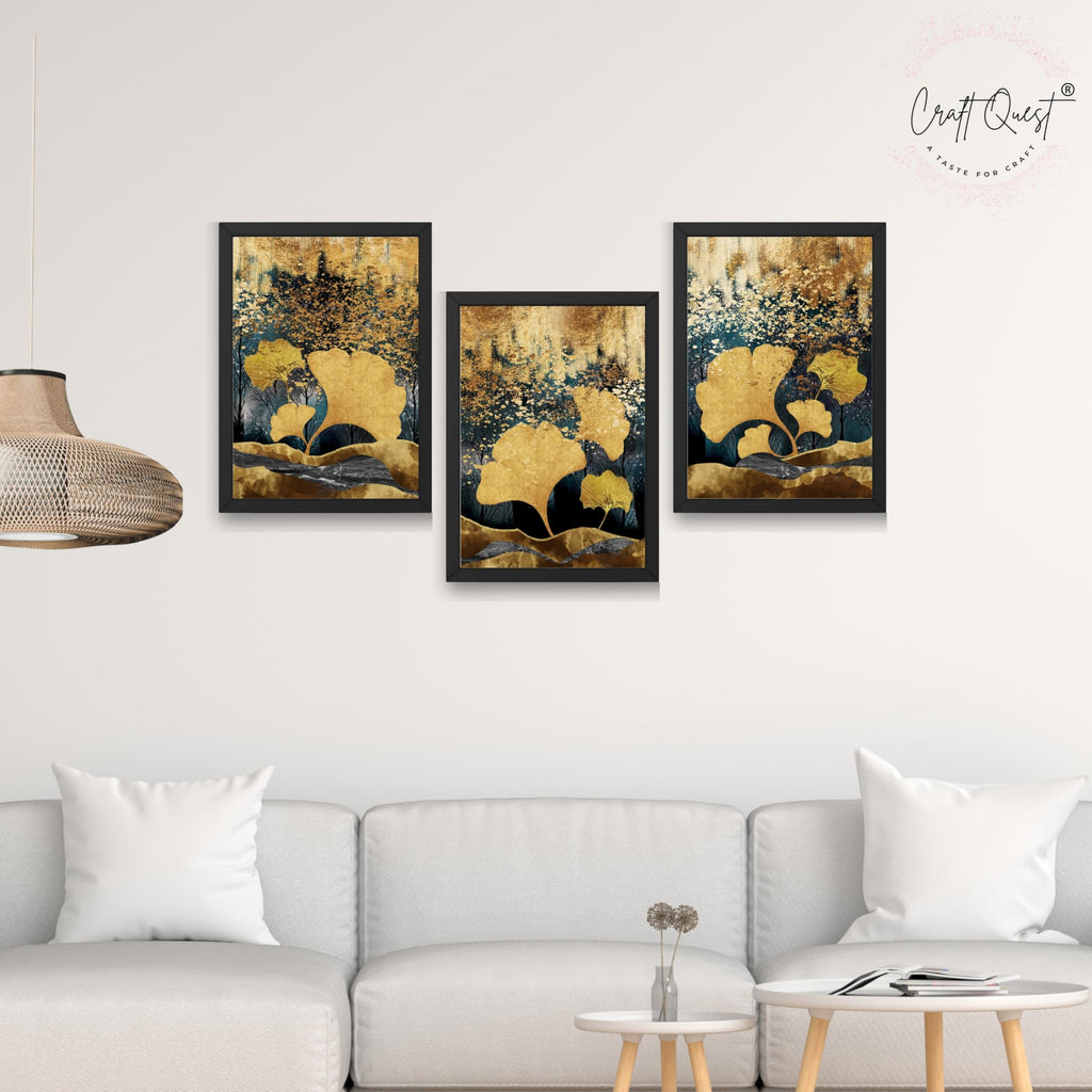 CRAFT QUEST Modern Art Of Ginko Leaves With Golden Mountains Wall Art | Set of 3 Frames for Home Decoration | Ideal for Living Room, Bedroom & Offices