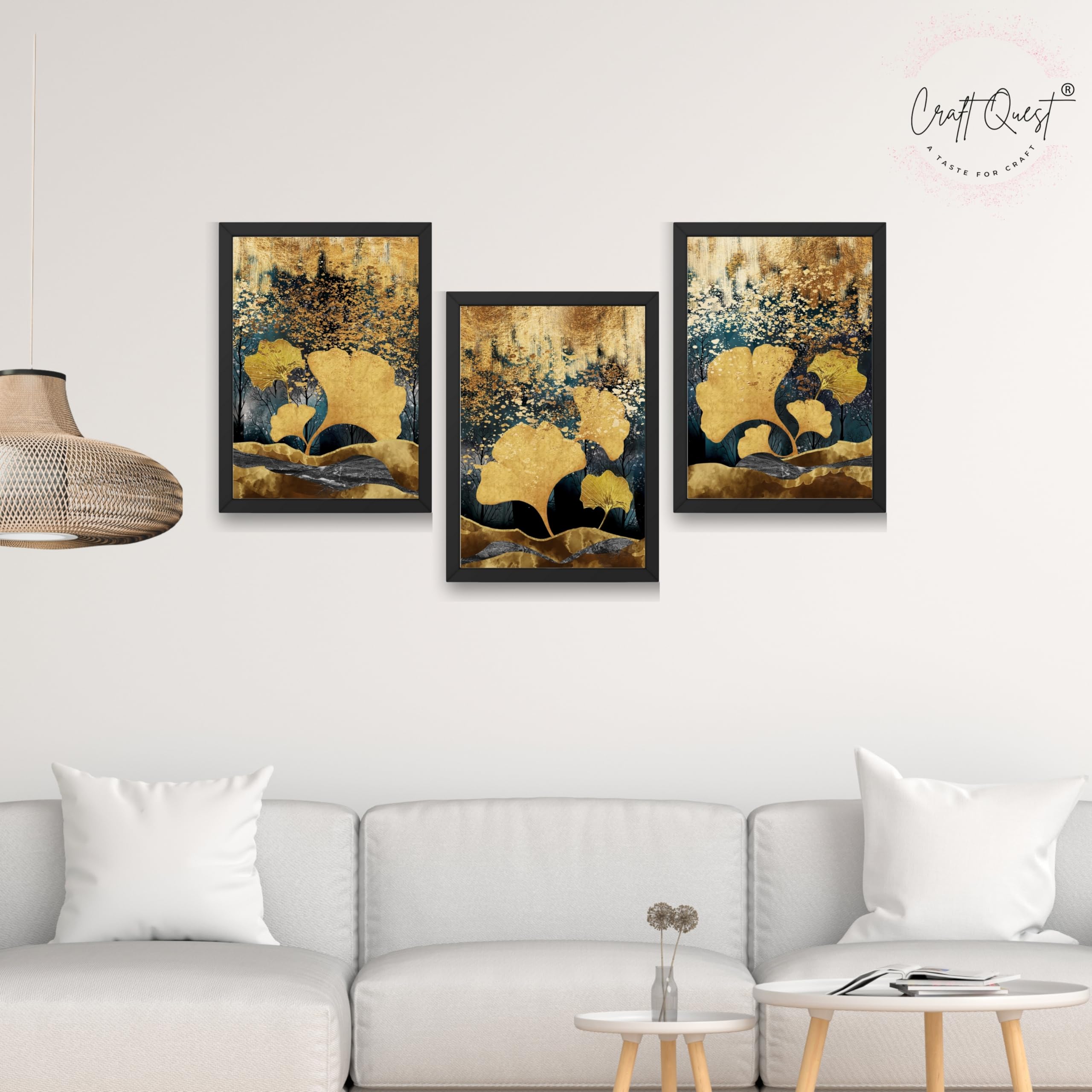 CRAFT QUEST Modern Art Of Ginko Leaves With Golden Mountains Wall Art | Set of 3 Frames for Home Decoration | Ideal for Living Room, Bedroom & Offices