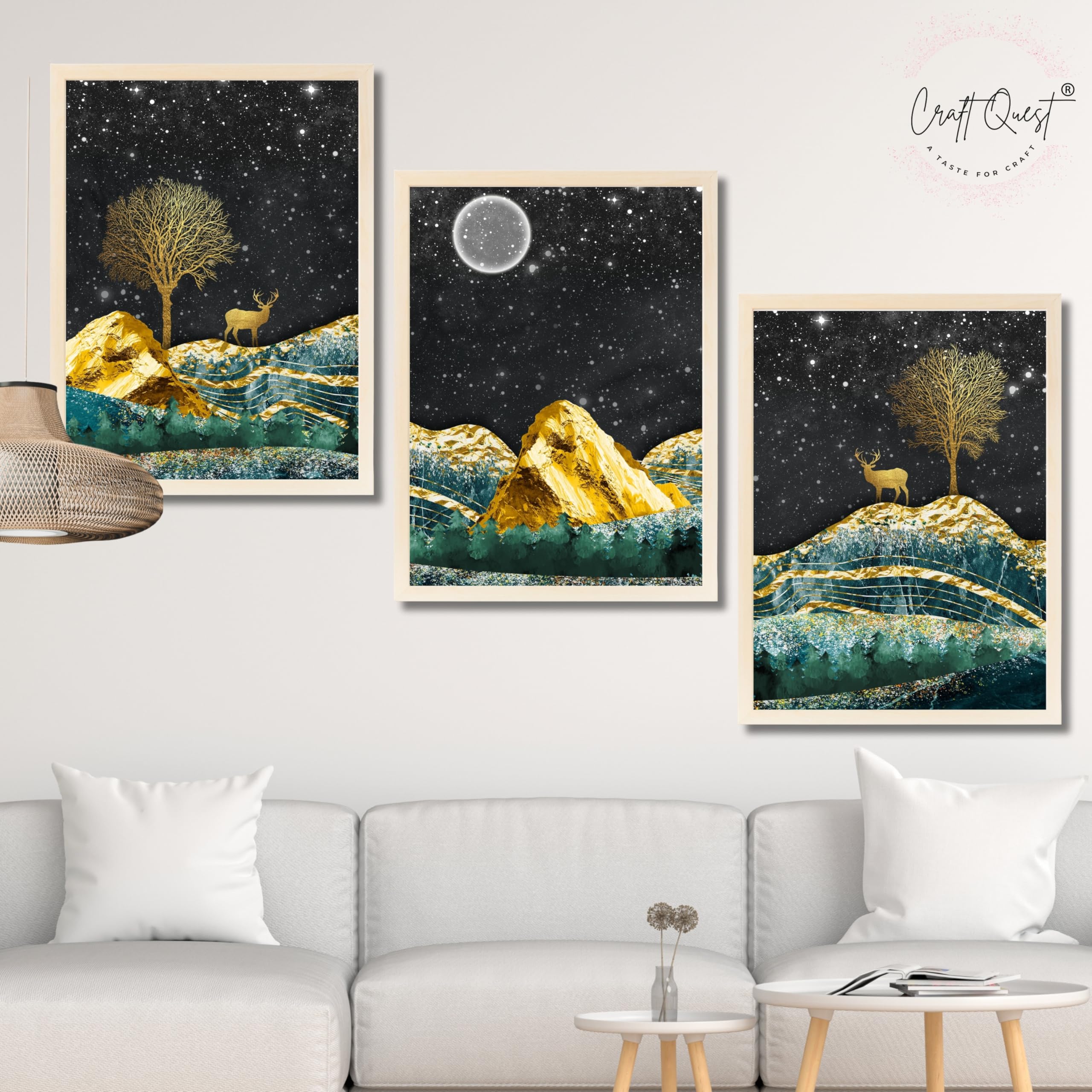 CRAFT QUEST Modern Art Landscape With Turquoise Mountains & Golden Trees Wall Art | Set of 3 Frames for Home Decoration | Ideal for Living Room, Bedroom & Offices