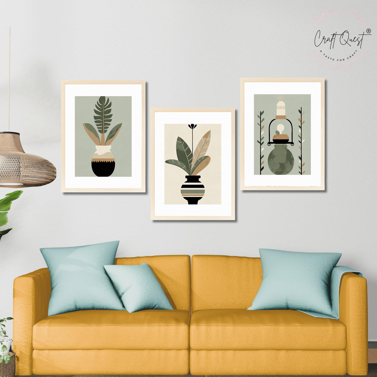 CRAFT QUEST Boho Leaves & Flowers Geometric Abstract | Set of 3 Frames for Home Decoration | Ideal for Living Room, Bedroom & Offices