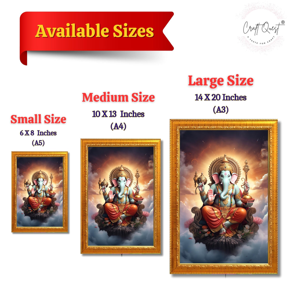 CRAFT QUEST God Ganesha Ganpati ji Photo Frame Wall Decor Mandir Pooja Poster Religious Painting Divine Hindu Temple Decoration Spiritual Blessings Home Office Gift