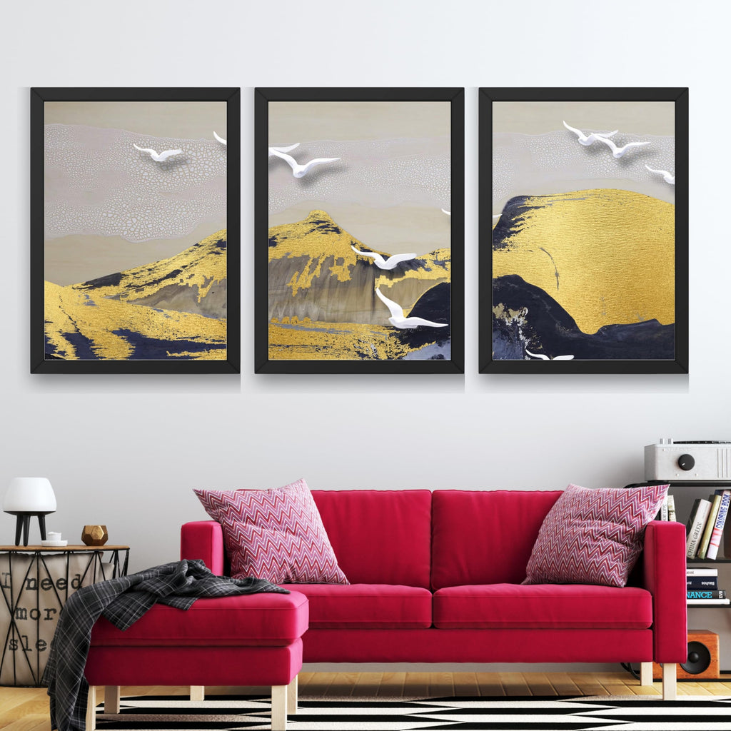 CRAFT QUEST Modern Art Abstract Porch Golden Wall Art | Set of 3 Frames for Home Decoration | Ideal for Living Room, Bedroom & Offices