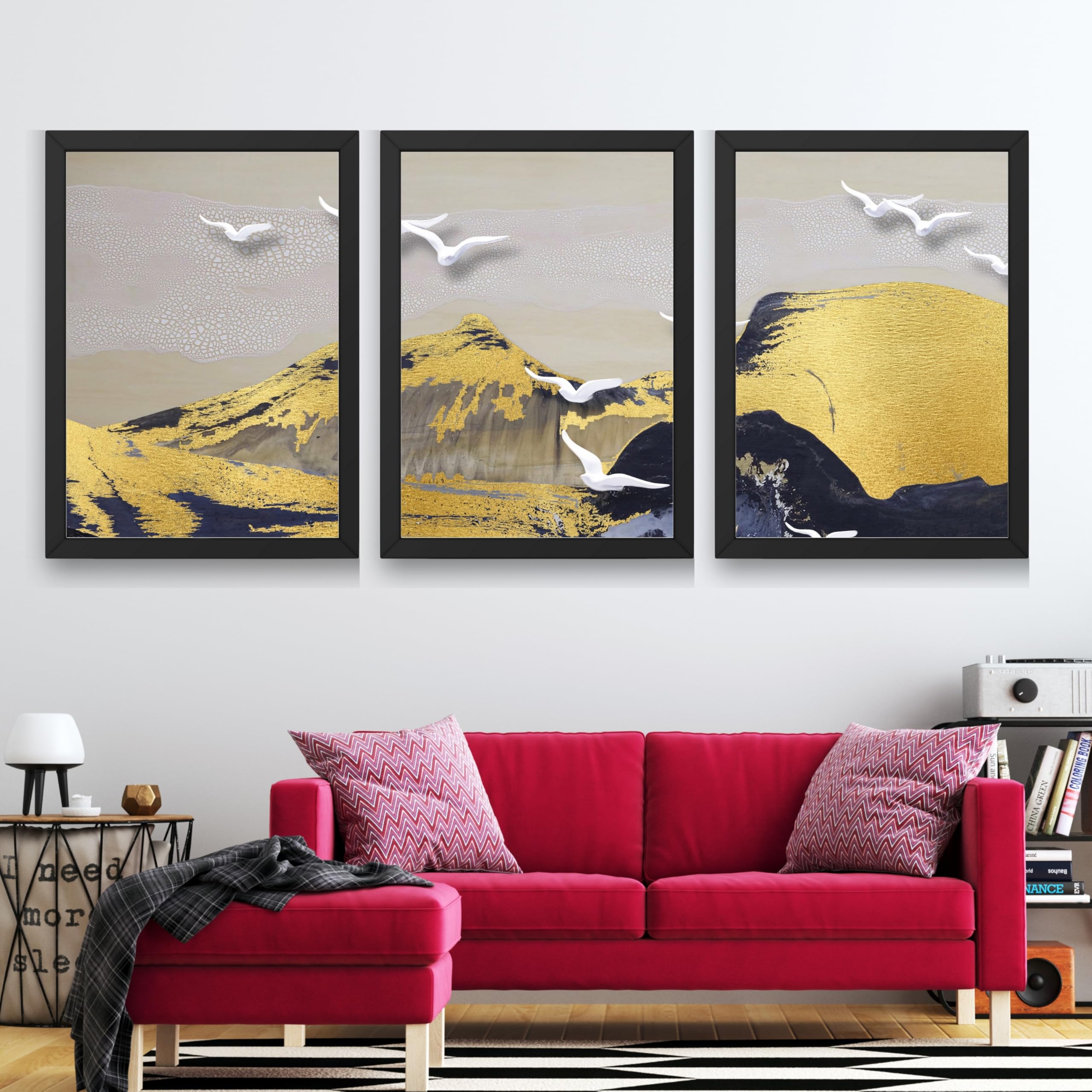 CRAFT QUEST Modern Art Abstract Porch Golden Wall Art | Set of 3 Frames for Home Decoration | Ideal for Living Room, Bedroom & Offices