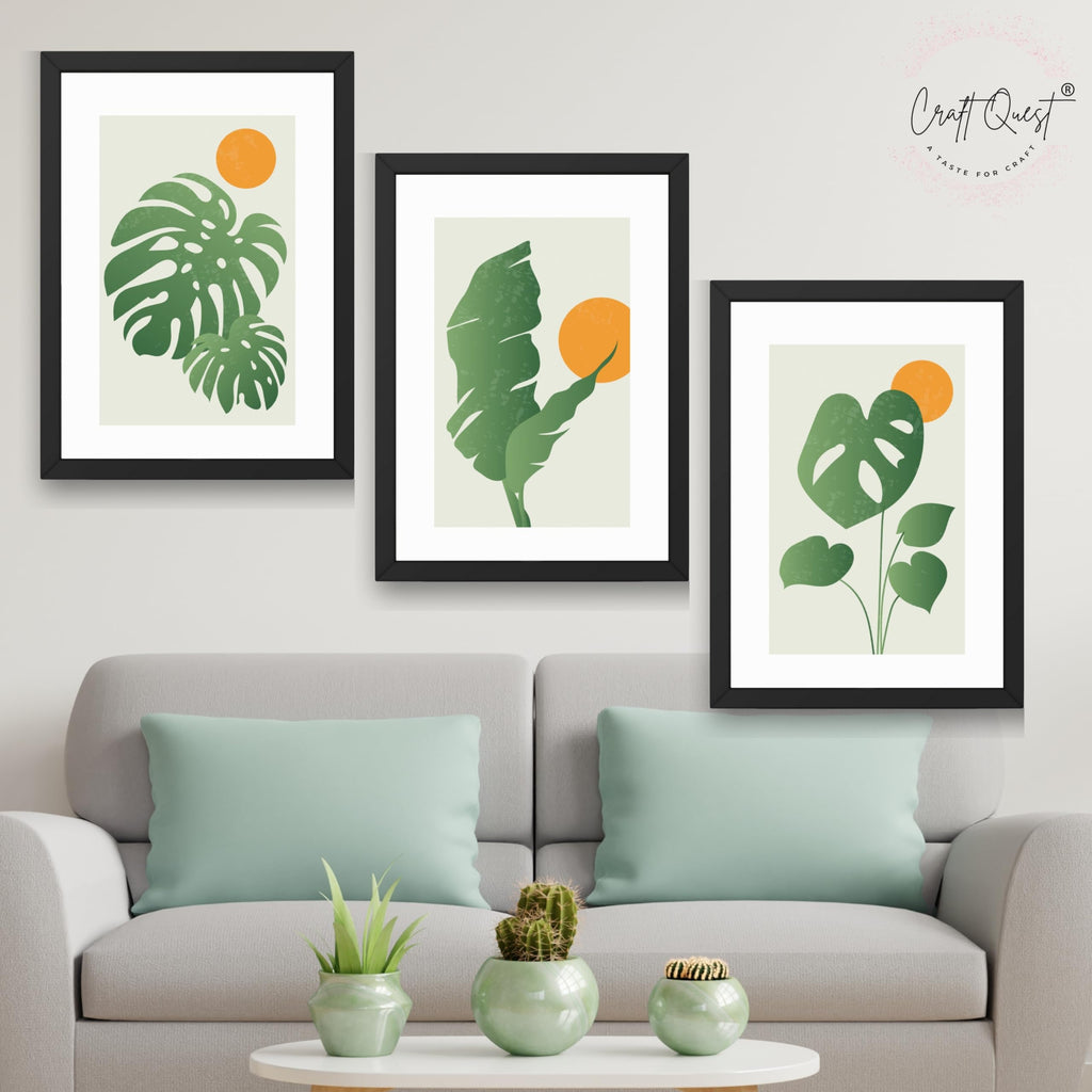 CRAFT QUEST Nature Inspired Abstract Gradient Tropical Leaf Wall Art | Set of 3 Frames for Home Decoration | Ideal for Living Room, Bedroom & Offices