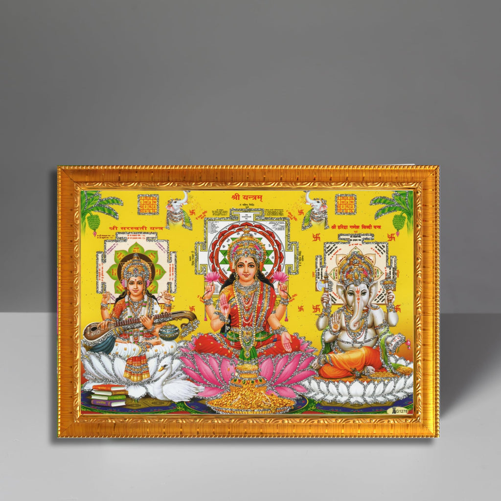 CRAFT QUEST Lakshmi Devi with ganesh ji and saraswati mata Wall Painting Photo Frame Home Decor (Synthetic, Golden, Sparkle Finish, Small Size, 8 X 6 Inch)