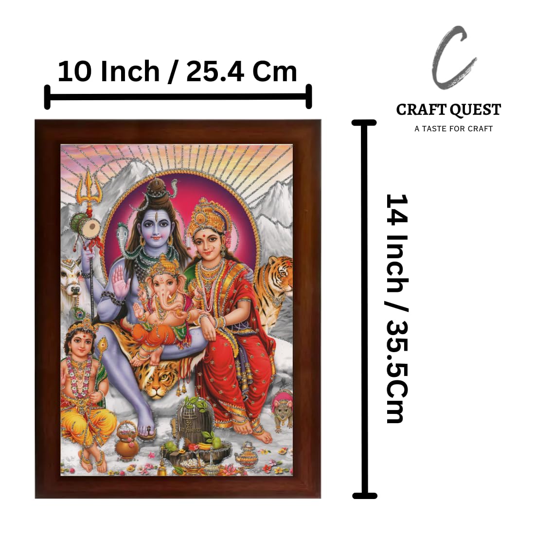 CRAFT QUEST Shiv Parivar (Shiv Shankar, Maa Parvati, Ganesh and Kartikey) Religious Synthetic Photo Frame Sparkle Coated for Pooja (10 X 13 inch, Multicolour)
