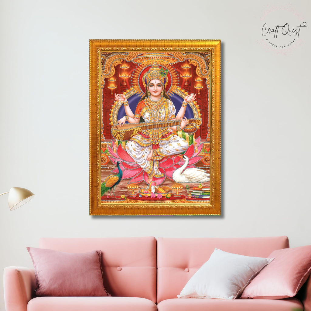 CRAFT QUEST Saraswati Devi Goddess Saraswati Maa Wall Painting Framed Home Decor wooden framed