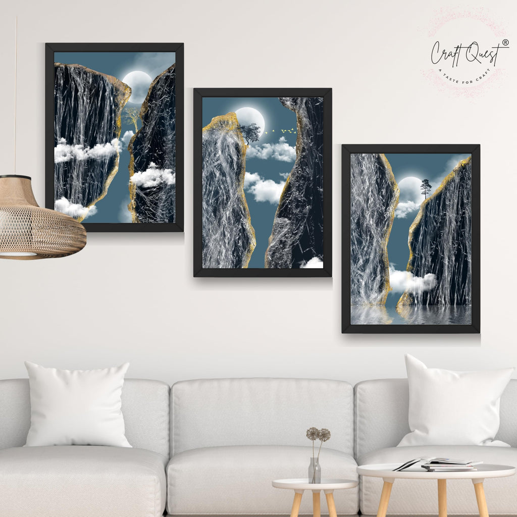 CRAFT QUEST Modern Art Abstract Landscape Decorative Wall Art | Set of 3 Frames for Home Decoration | Ideal for Living Room, Bedroom & Offices