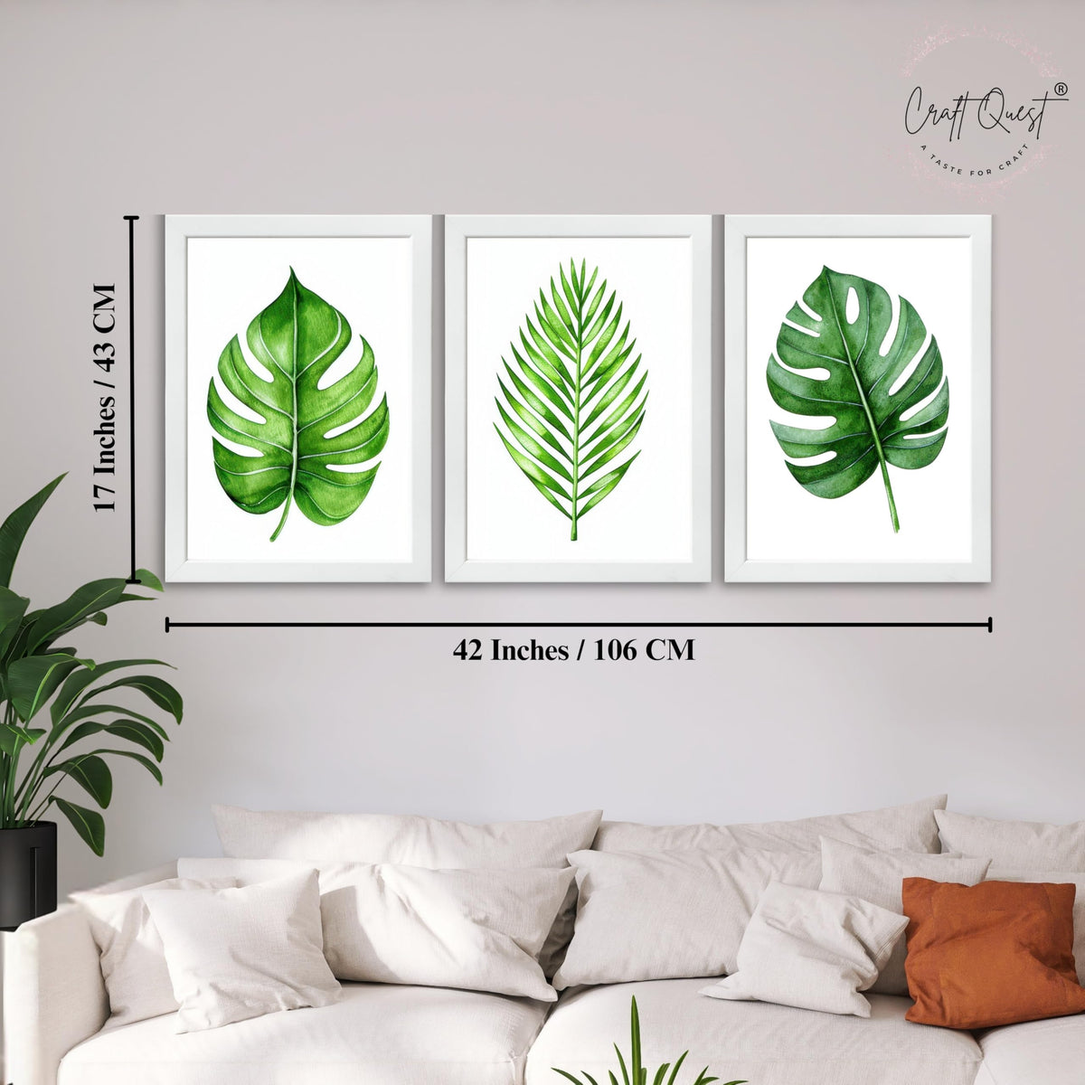 CRAFT QUEST Nature Inspired Exotic Leaves Modern Wall Art | Set of 3 Frames for Home Decoration | Ideal for Living Room, Bedroom & Offices
