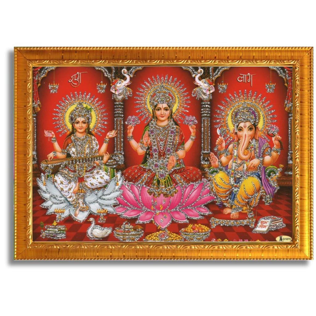 CRAFT QUEST Lakshmi Devi with ganesh ji and saraswati mata Wall Painting Frame Home Decor (Synthetic, Sparkle Finish, Golden, Small Size, 8 X 6 Inch)