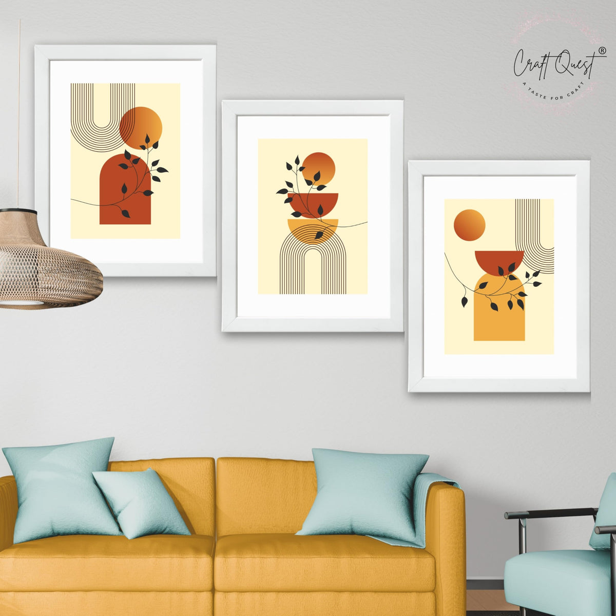 CRAFT QUEST Boho Contemporary Botanical Modern Wall Art | Set of 3 Frames for Home Decoration | Ideal for Living Room, Bedroom & Offices
