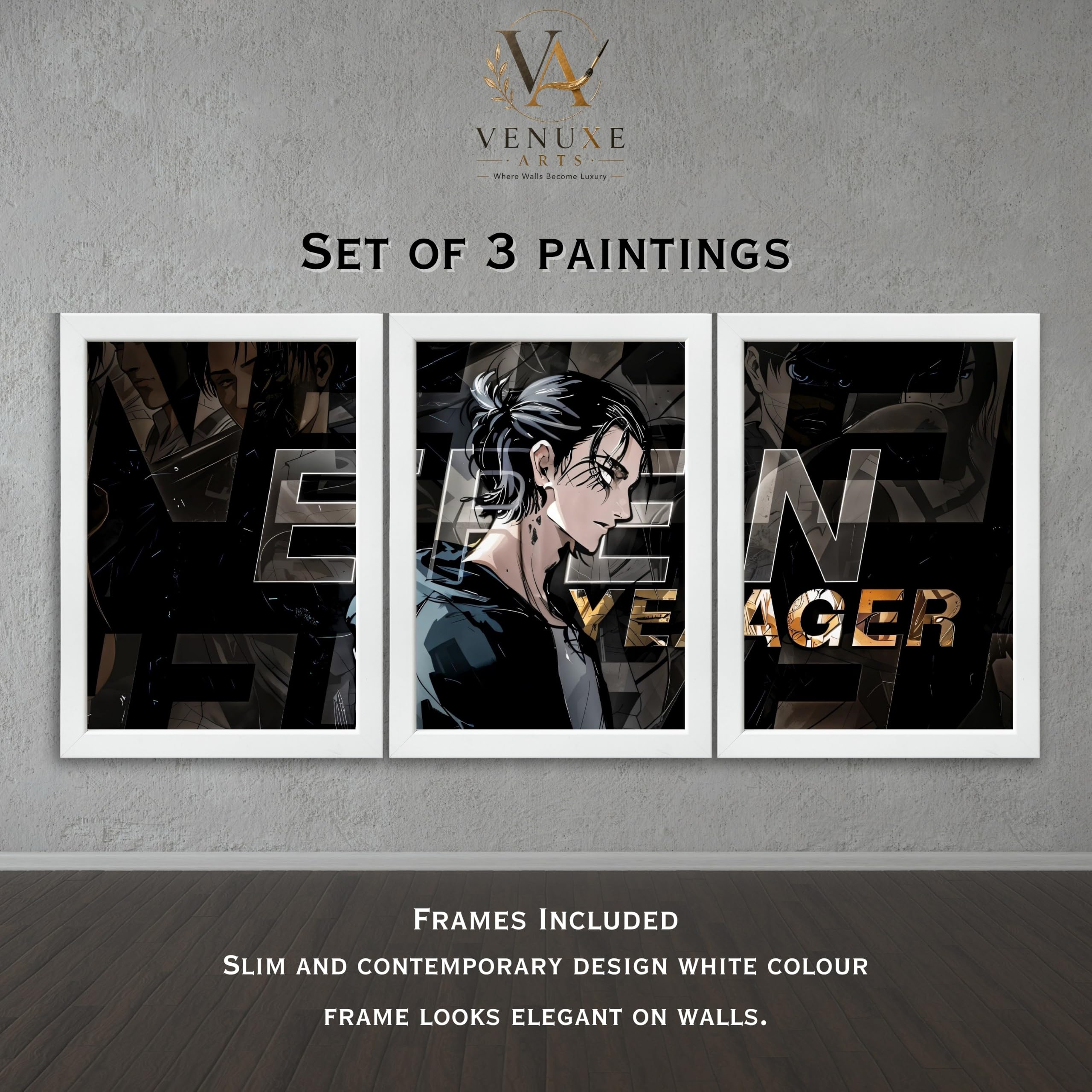 VENUXE ARTS Set Of 3 Anime Characters Wall Framed |Anime Characters Framed Poster for Living Room Bedroom Gaming Room Studio Wall Decor