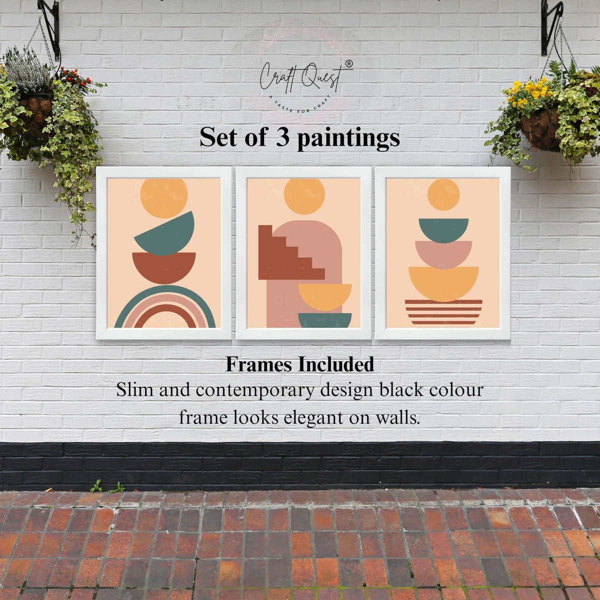 CRAFT QUEST Wall Art Decor Paintings | Set of 3 BOHO Wall Art Frames for Home Decoration | Ideal for Living Room, Offices & Bedrooms
