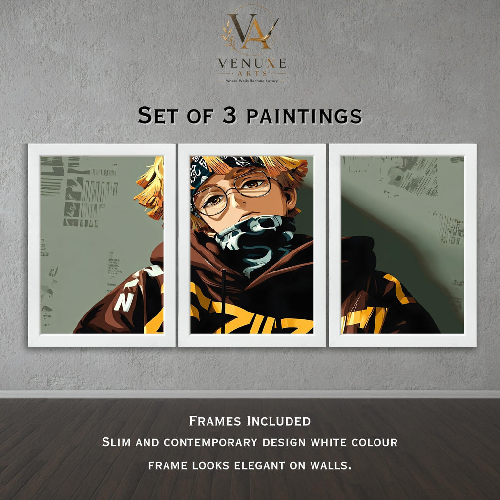 VENUXE ARTS Set Of 3 Anime Characters Wall Framed |Anime Characters Framed Poster for Living Room Bedroom Gaming Room Studio Wall Decor