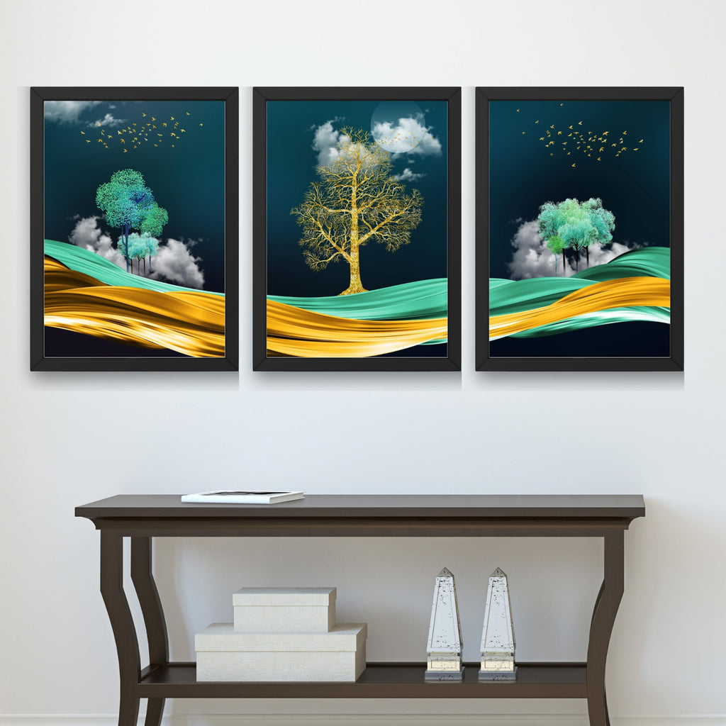 CRAFT QUEST Modern Art Mural With Golden Tree & Birds Wall Art | Set of 3 Frames for Home Decoration | Ideal for Living Room, Bedroom & Offices