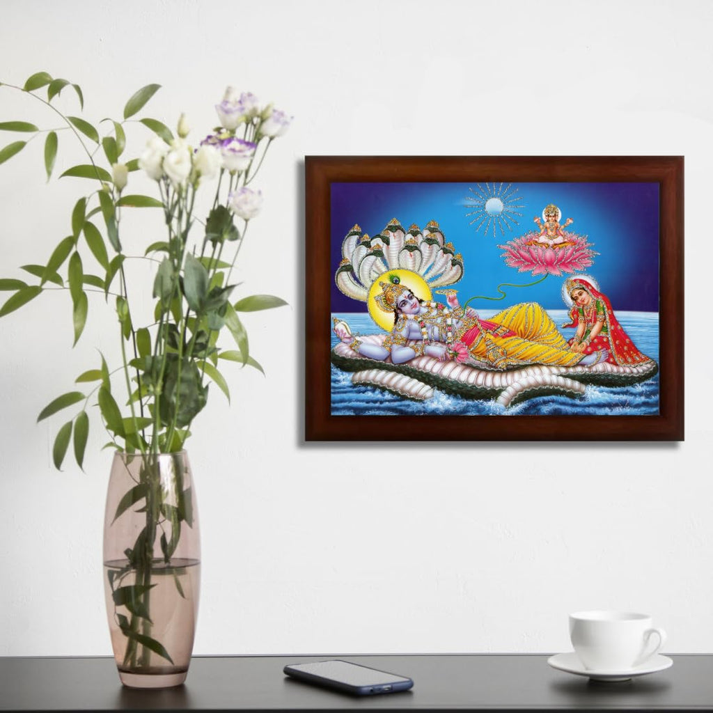 CRAFT QUEST Lord Vishnu and Goddess Lakshmi Giving Blessing on Shesh naag, landscape Glitter Painting with Golden Synthetic Frame