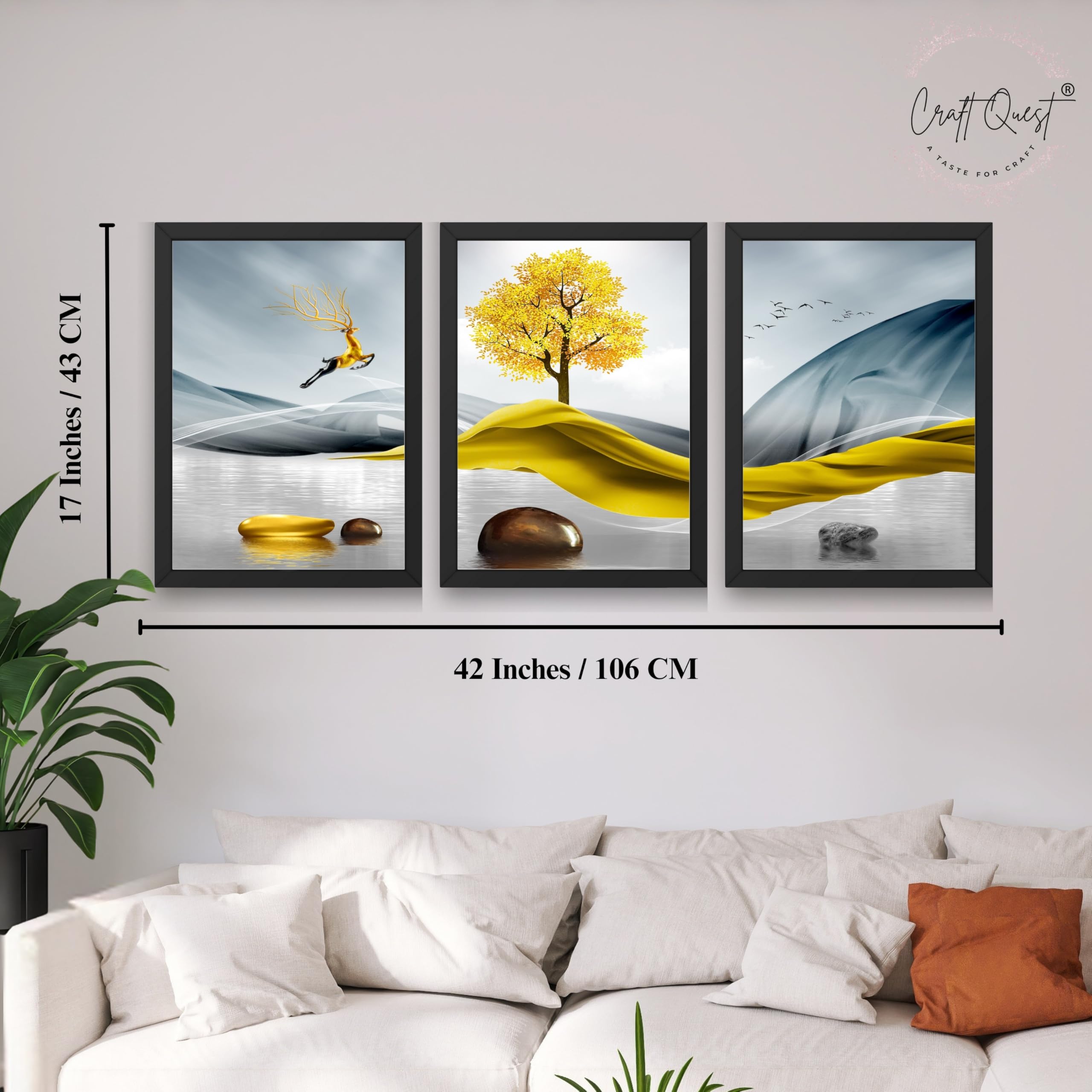 CRAFT QUEST Sanlian Adornment Abstract Modern Art | Set of 3 Frames for Home Decoration | Ideal for Living Room, Bedroom & Offices
