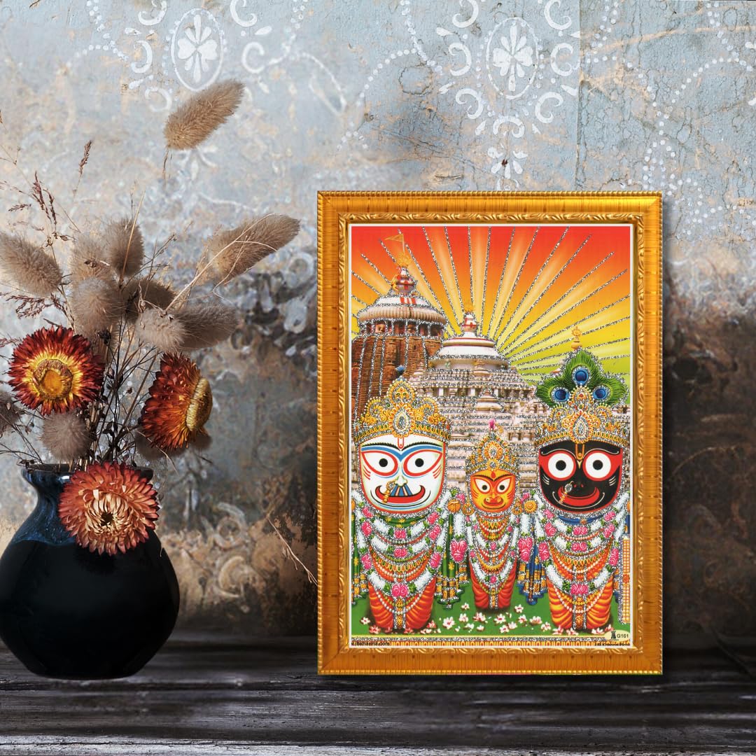CRAFT QUEST Puri Jagannath Subhadra Balabhadra Balaram Wall Painting Framed Home Decor (Wood,Matte,Gold,Small Size,6 x 8 Inch)