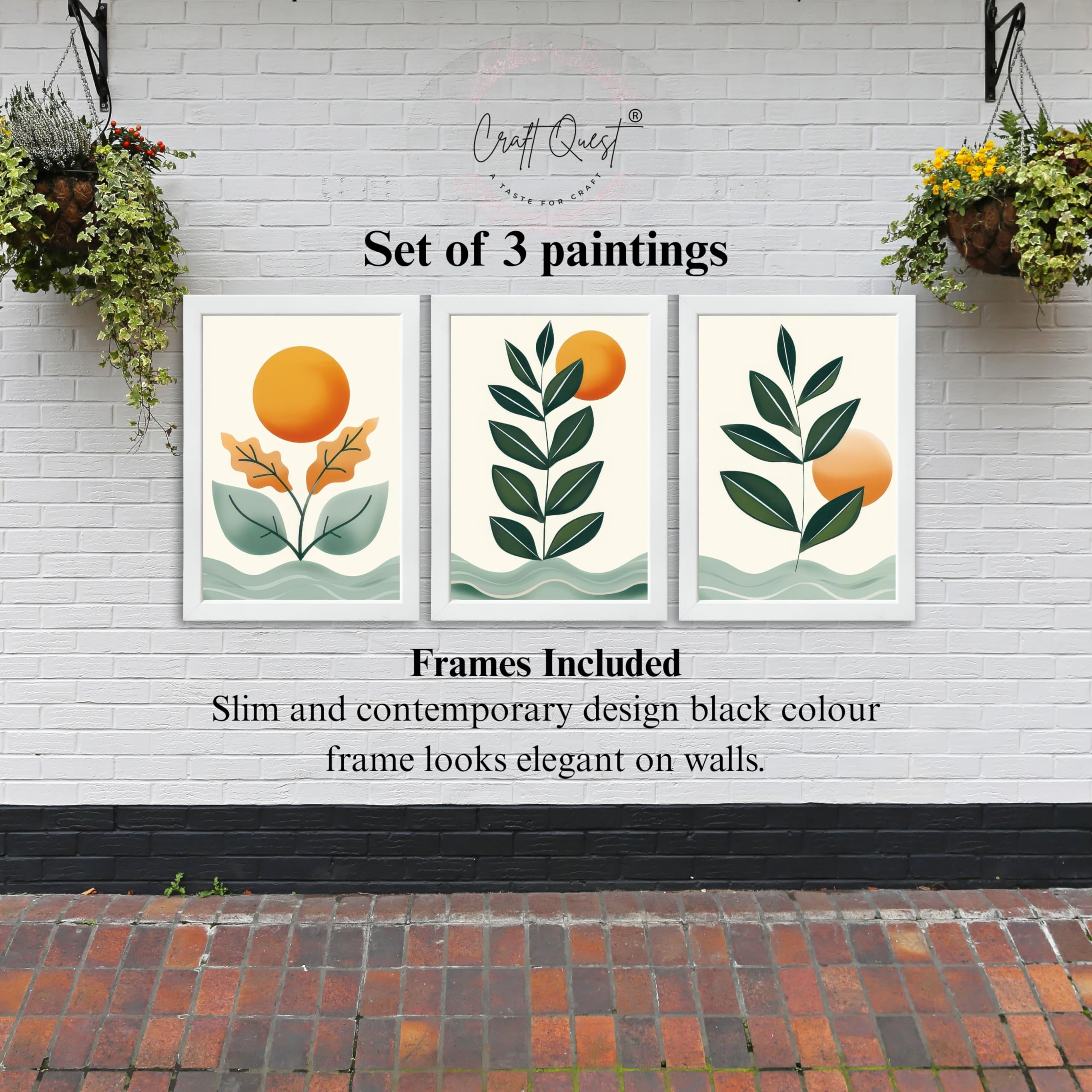 CRAFT QUEST Nature Inspired Sun & Moon Modern Boho Wall Art | Set of 3 Frames for Home Decoration | Ideal for Living Room, Bedroom & Offices
