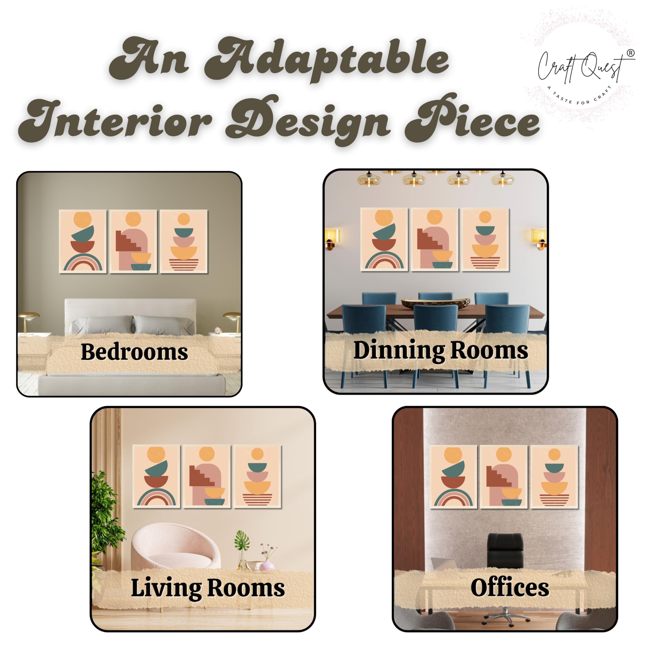 CRAFT QUEST Wall Art Decor Paintings | Set of 3 BOHO Wall Art Frames for Home Decoration | Ideal for Living Room, Offices & Bedrooms