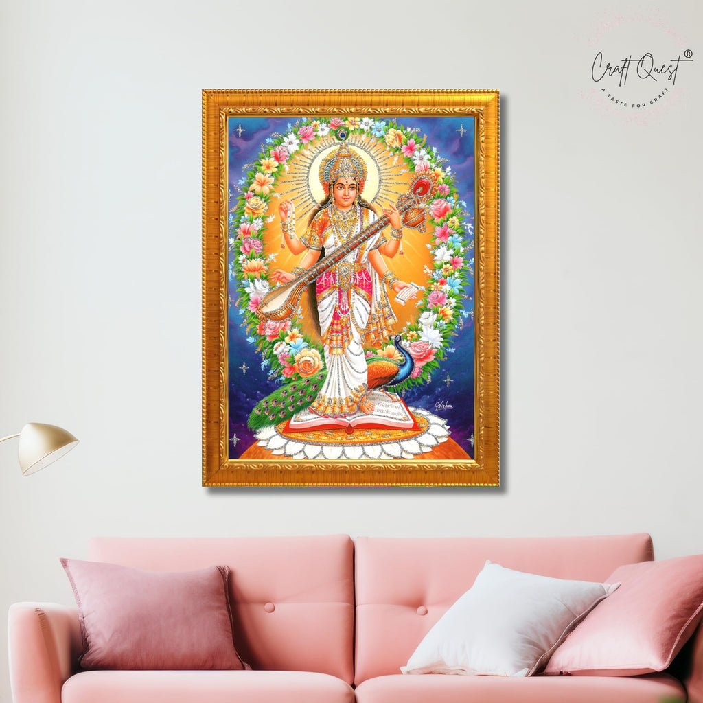 CRAFT QUEST Saraswati Devi Goddess Saraswati Maa Wall Painting Sparkle Coated Framed Home Decor wooden framed