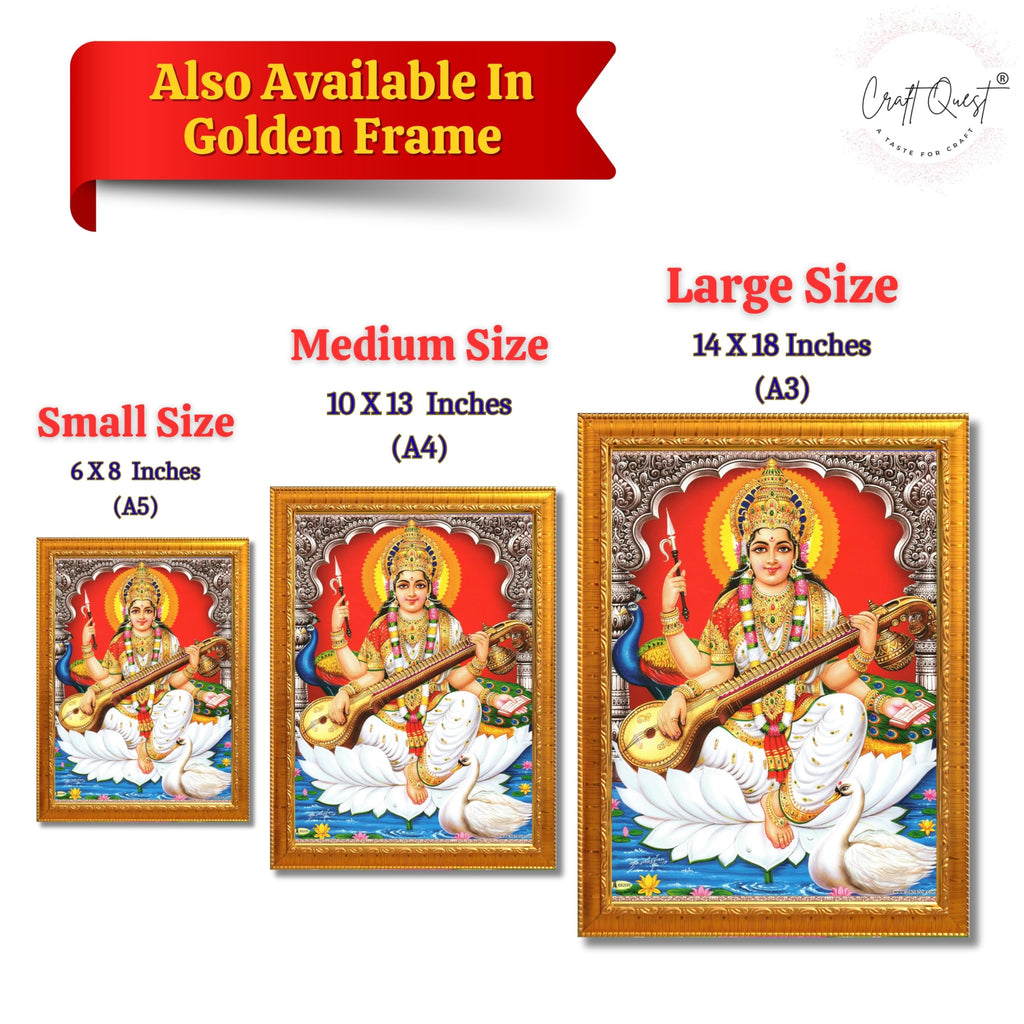CRAFT QUEST Saraswati Devi Goddess Saraswathi Maa Wall Painting Sparkle Coated Framed Home Décor Synthetic wooden Frame