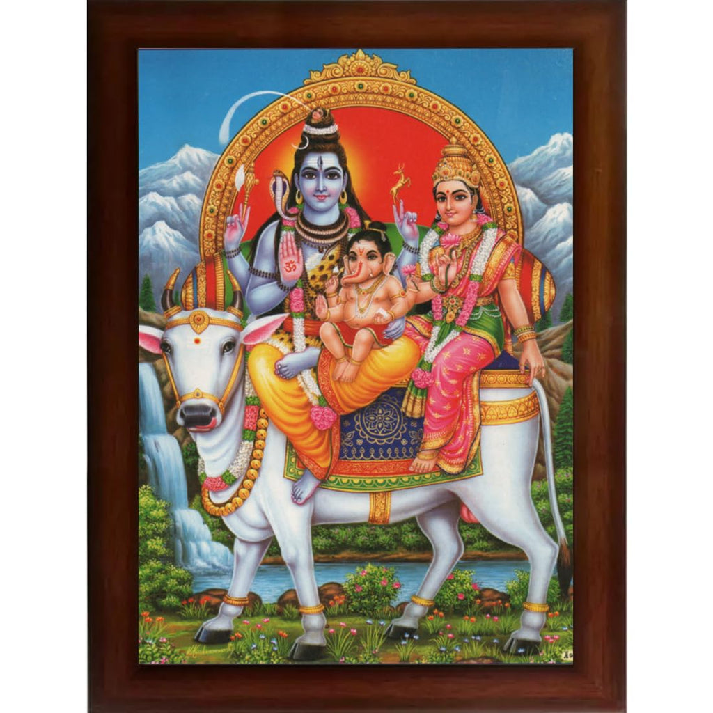 Craft Quest Shiv Parivar (Shiv Shankar, Maa Parvati, Ganesh and Kartikey) Religious Wood Photo Frame Sparkle Coated (Multicolour, 14 X 10 inch, Brown)