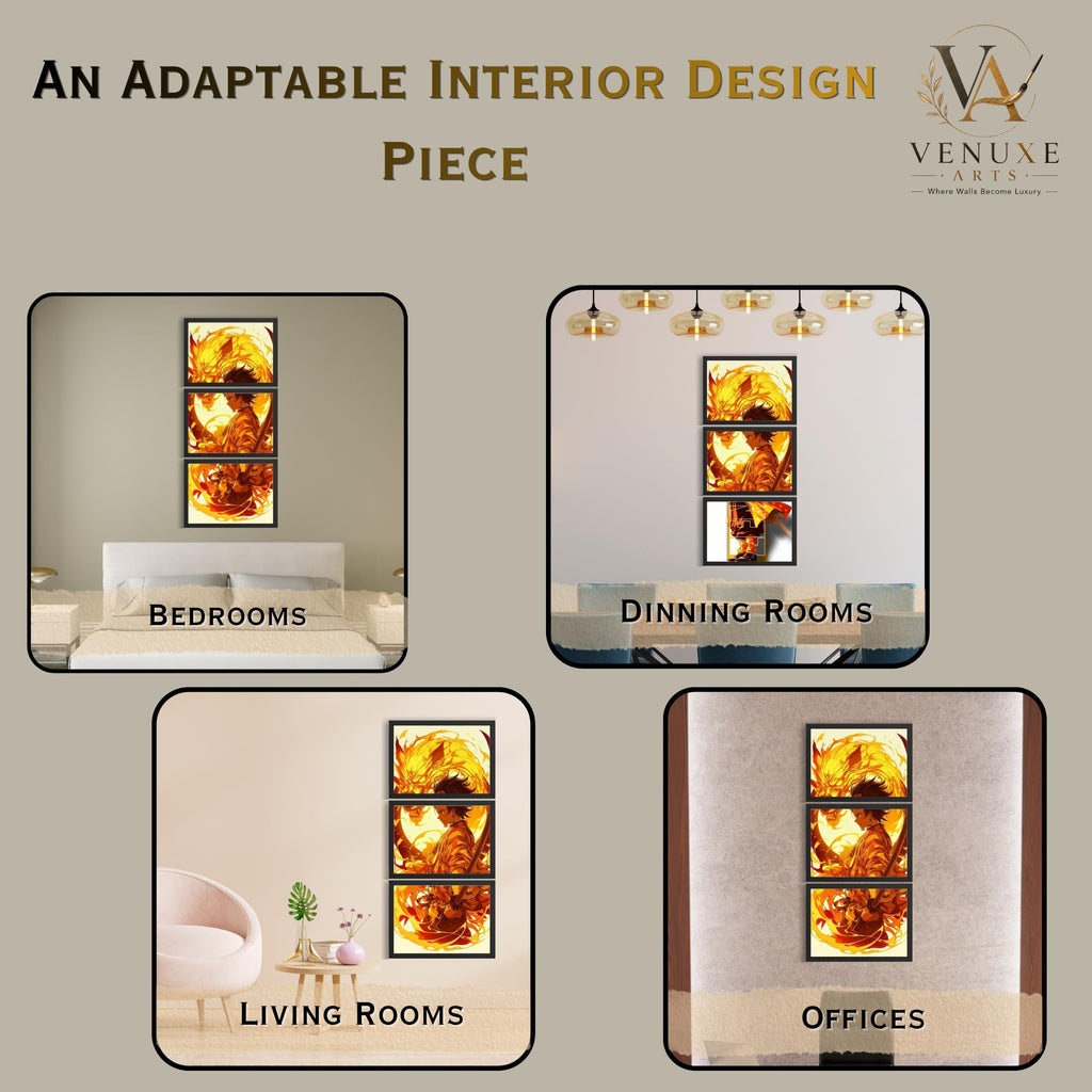 VENUXE ARTS Set Of 3 Anime Characters Wall Framed |Anime Characters Framed Poster for Living Room Bedroom Gaming Room Studio Wall Decor