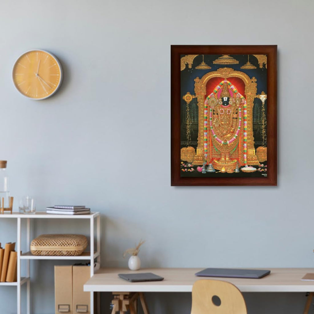 CRAFT QUEST Tirupati Balaji Lord Venkateshwara Swamy Wall Painting Framed Home Decor (Wood,Matte,Brown,Big Size,10 X 14 Inches)