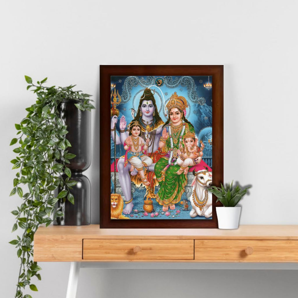 CRAFT QUEST Shiv Parivar (Shiv Shankar, Maa Parvati, Ganesh and Kartikey) Religious Synthetic Photo Frame Sparkle Coated for Pooja (14 X 10 inch, Multicolour)