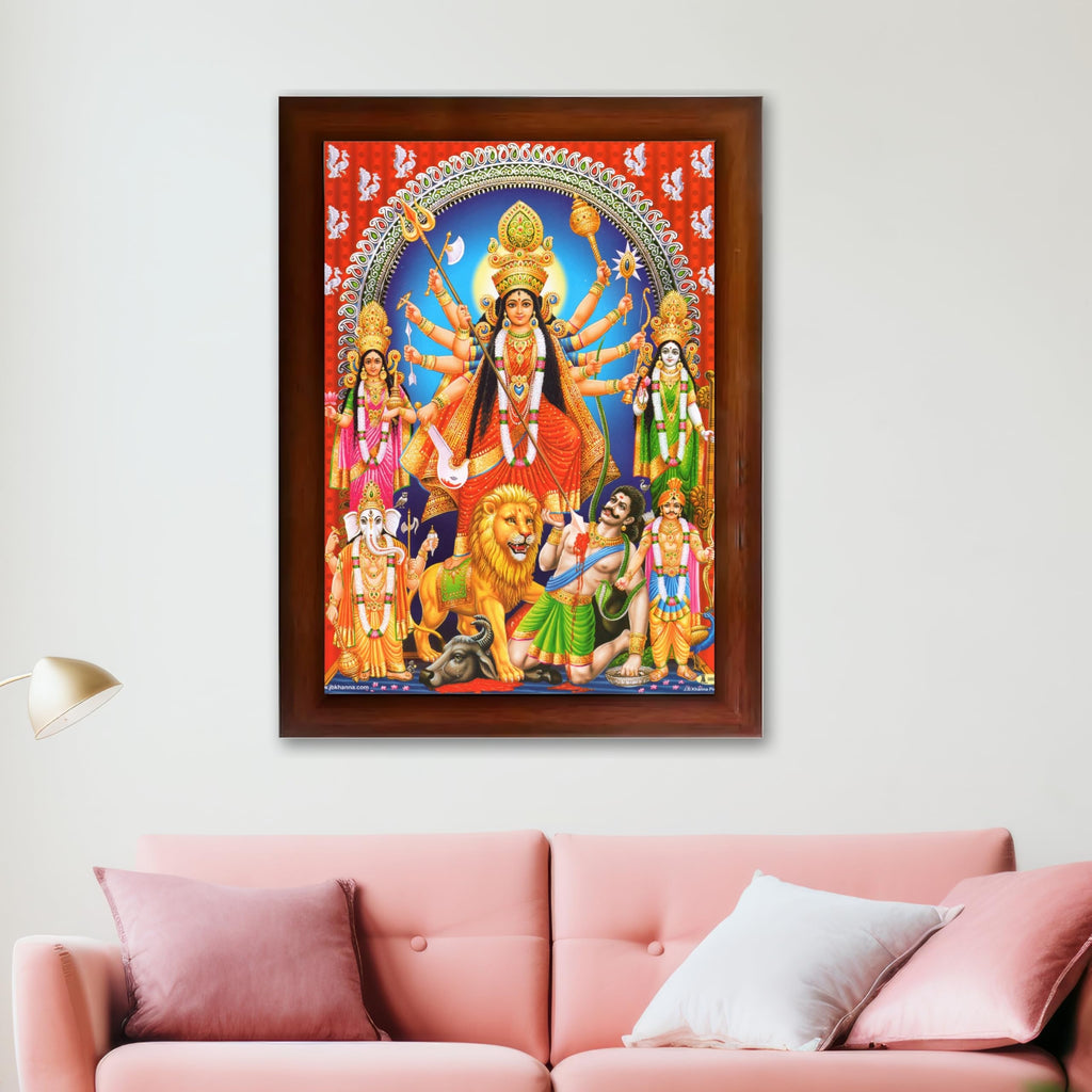 CRAFT QUEST Durga mata Mahishasura Mardini | Mahisasur Mardhini Durga Wall Painting Framed, Goddess Religious Photo Frame With Acrylic Glass