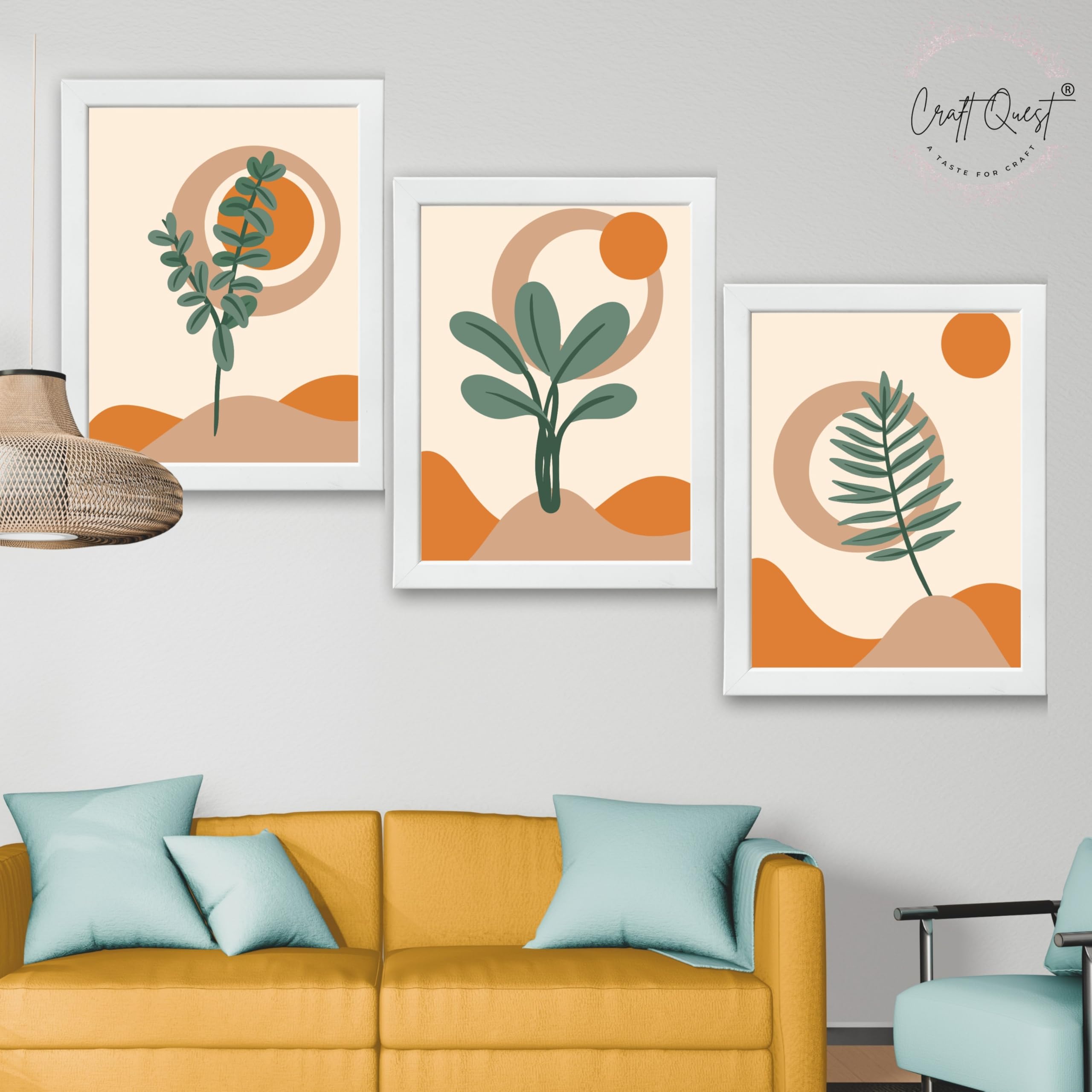CRAFT QUEST Wall Art Decor Paintings | Set of 3 BOHO Wall Art Frames for Home Decoratio | Ideal for Living Room, Offices & Bedrooms