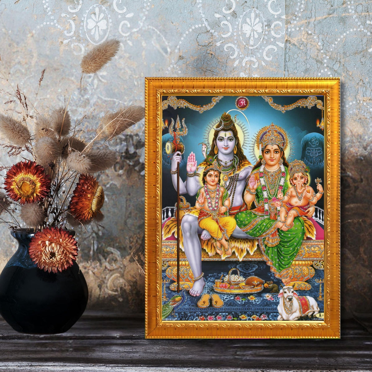 CRAFT QUEST Shiv Parivar Religious Wood Wall Mount Rectangular Photo Frame With Acrylic Glass