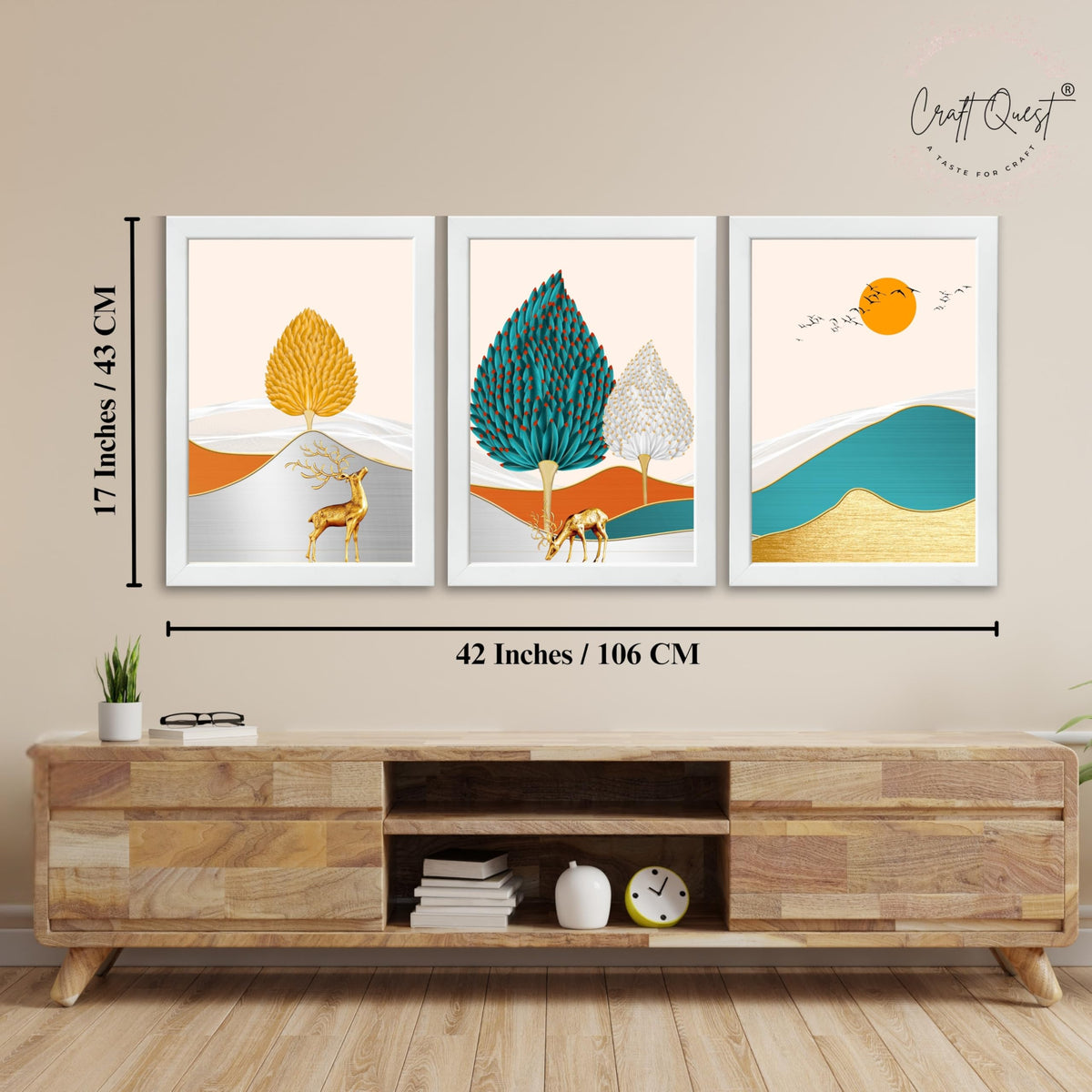 CRAFT QUEST Modern Art Landscapes Sanlian Adornment Abstract Wall Art | Set of 3 Frames for Home Decoration | Ideal for Living Room, Bedroom & Offices