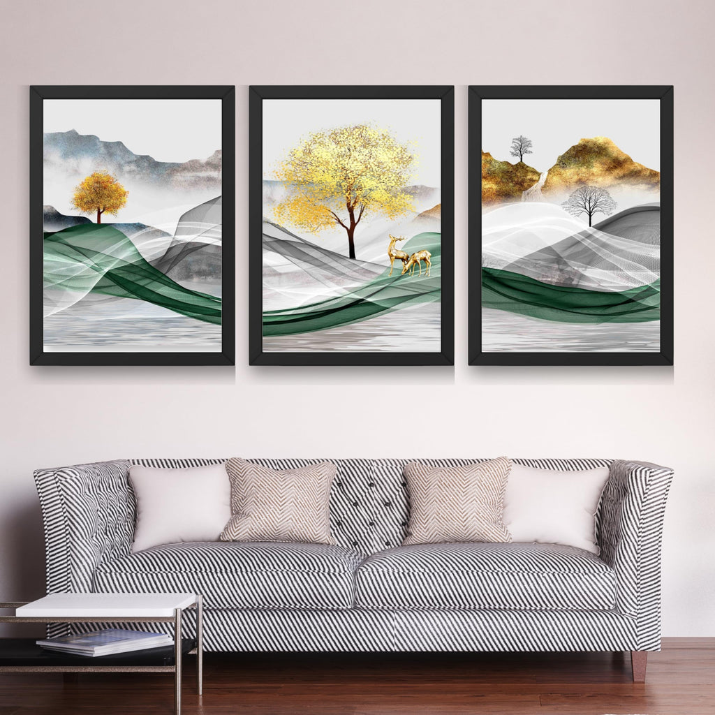 CRAFT QUEST Modern Art Landscapes Abstract Of Moose Golden Mural Wall Art | Set of 3 Frames for Home Decoration | Ideal for Living Room, Bedroom & Offices