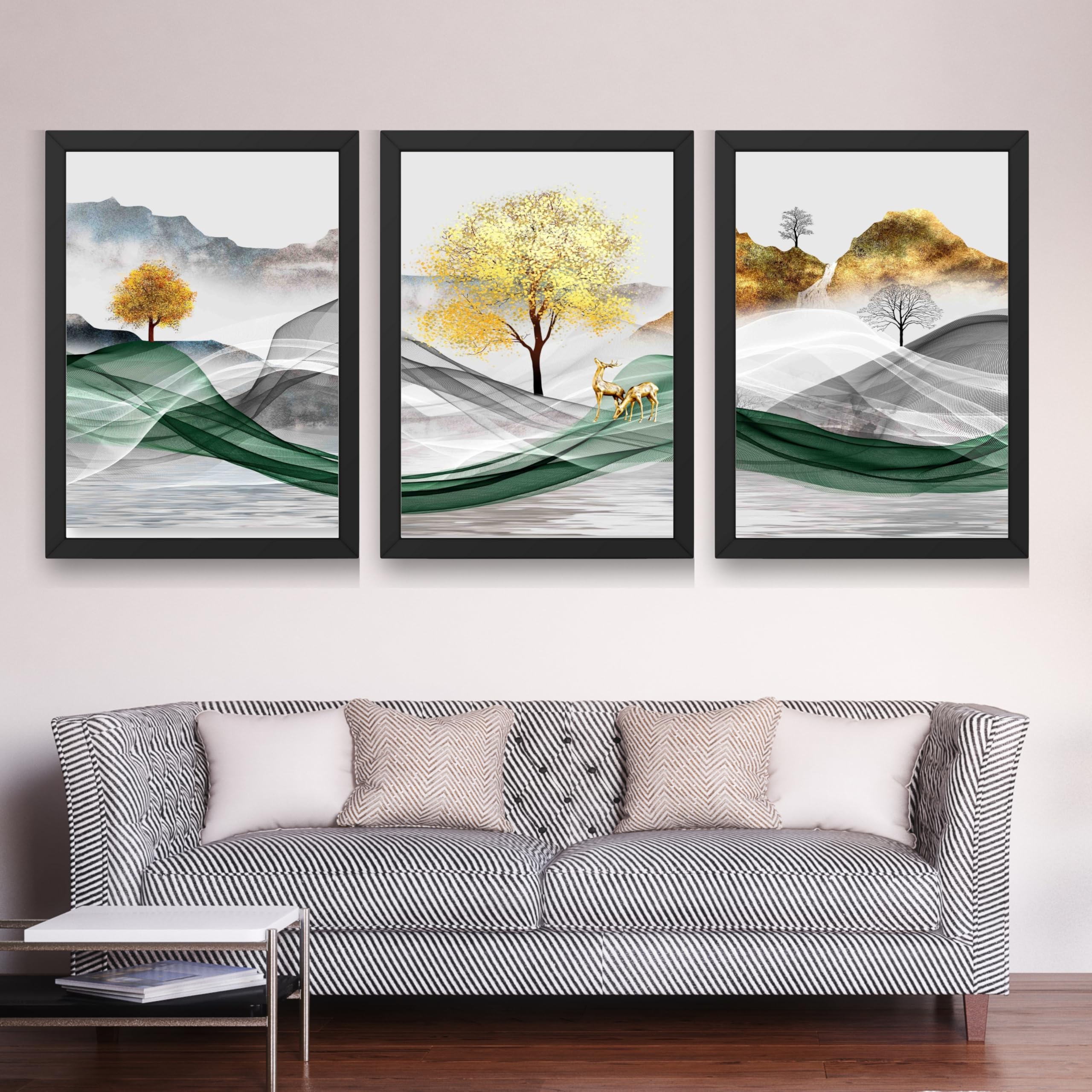 CRAFT QUEST Modern Art Landscapes Abstract Of Moose Golden Mural Wall Art | Set of 3 Frames for Home Decoration | Ideal for Living Room, Bedroom & Offices