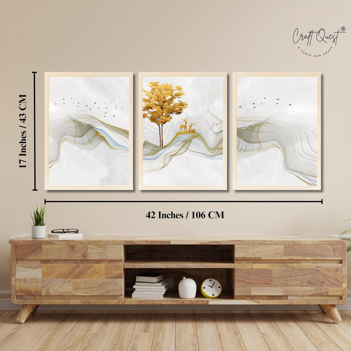 CRAFT QUEST Modern Art Landscapes Sanlian Adornment Wall Art | Set of 3 Frames for Home Decoration | Ideal for Living Room, Bedroom & Offices